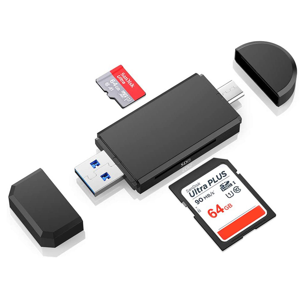 Ein schwarzer Kartenleser mit USB- und USB-C-Anschluss, zusammen mit zwei SD-Karten und zwei Abdeckungen.