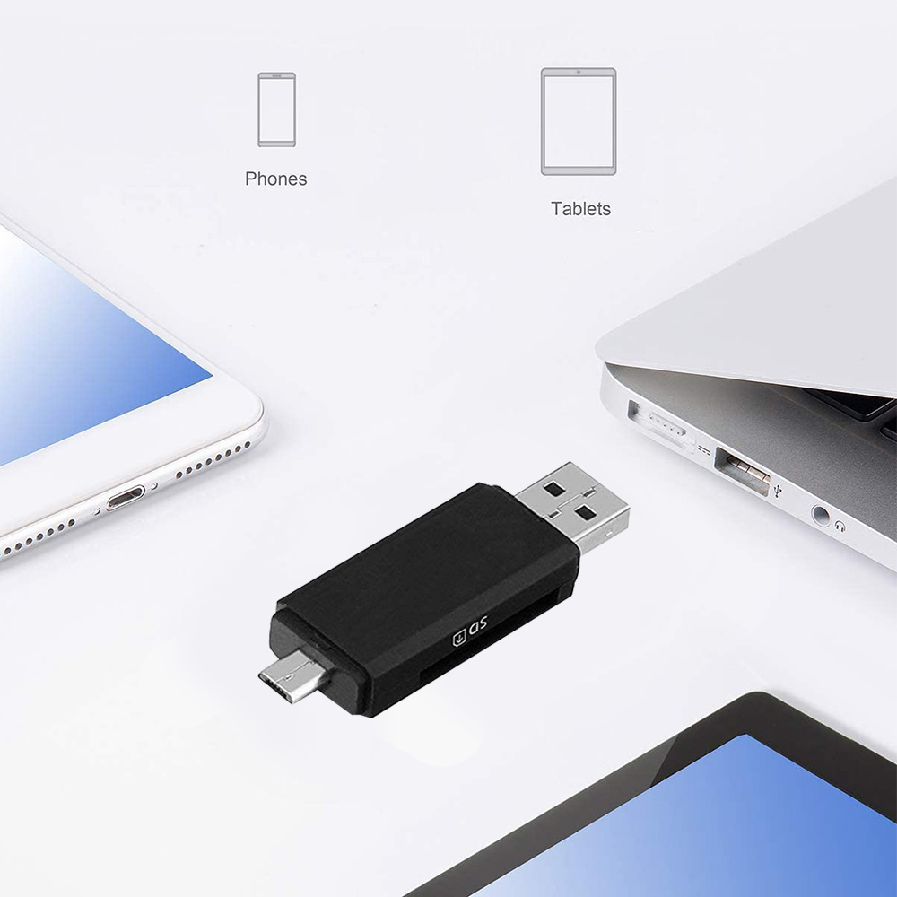 Ein schwarzer USB-Kartenleser befindet sich in der Mitte. Auf beiden Seiten befinden sich ein Telefon und ein Tablet. Im Hintergrund befindet sich ein Laptop.