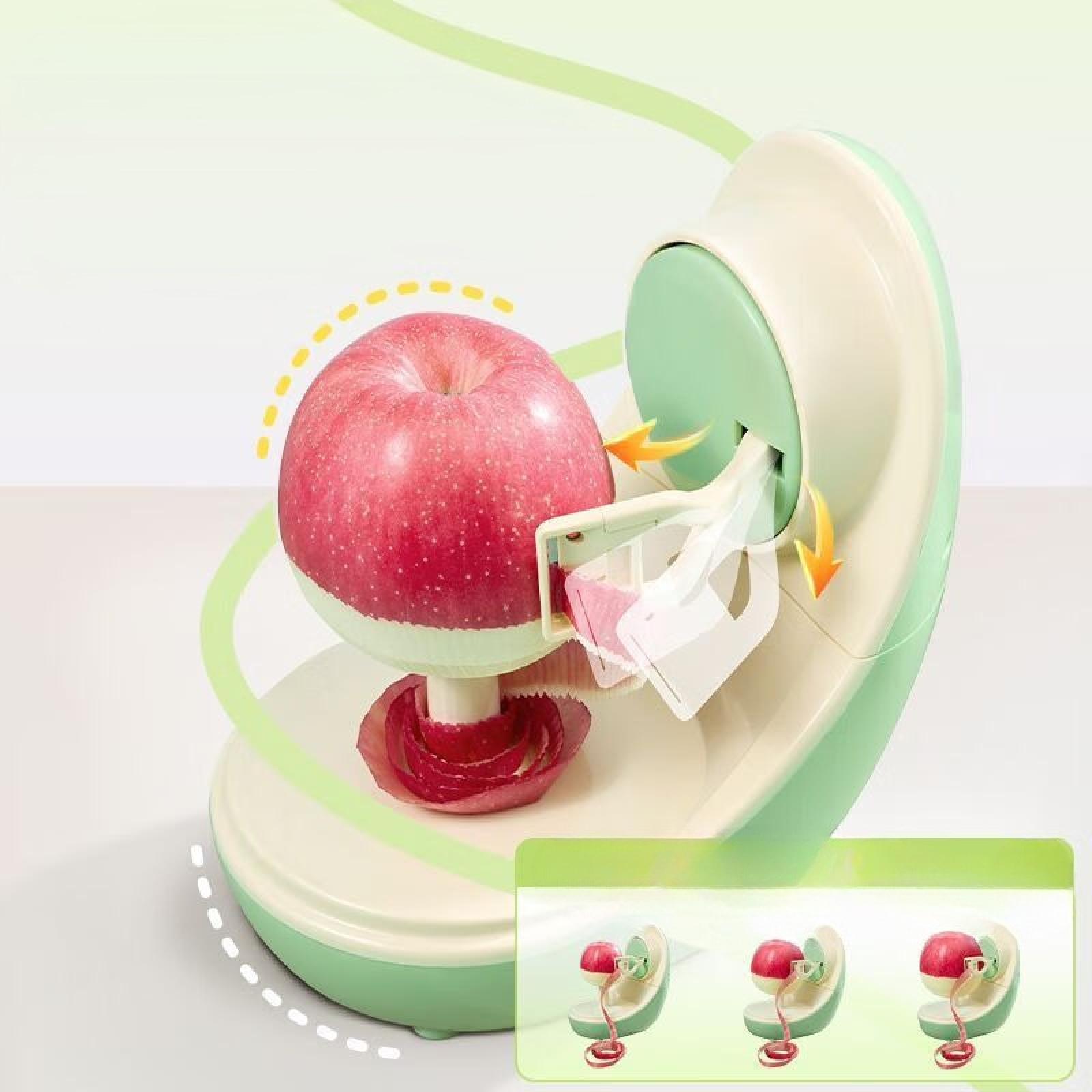 Eine Apfelschälmaschine mit einem geschälten roten Apfel. Die Maschine ist grün und weiß.