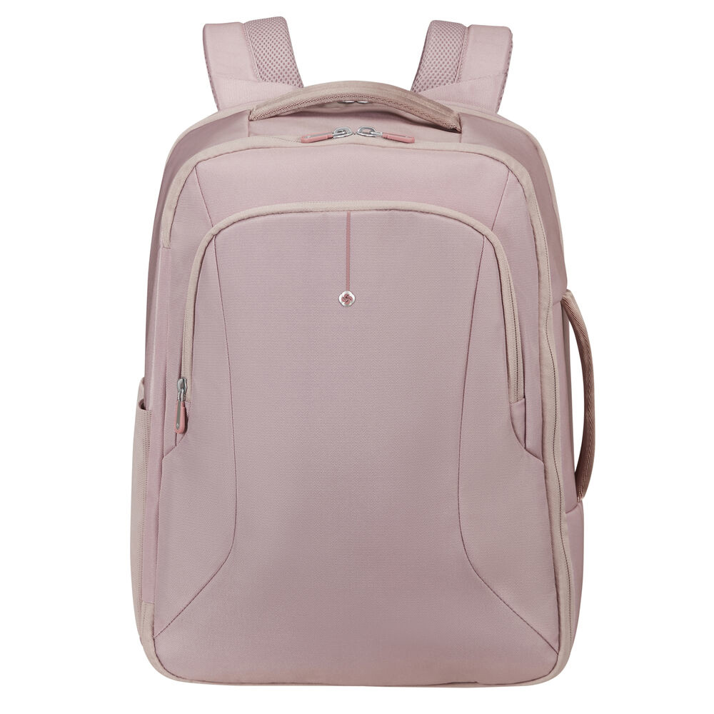 Ein rosa Rucksack mit mehreren Fächern, einem oberen Griff und gepolsterten Schultergurten. Reißverschlüsse und ein kleines Logo sind sichtbar.
