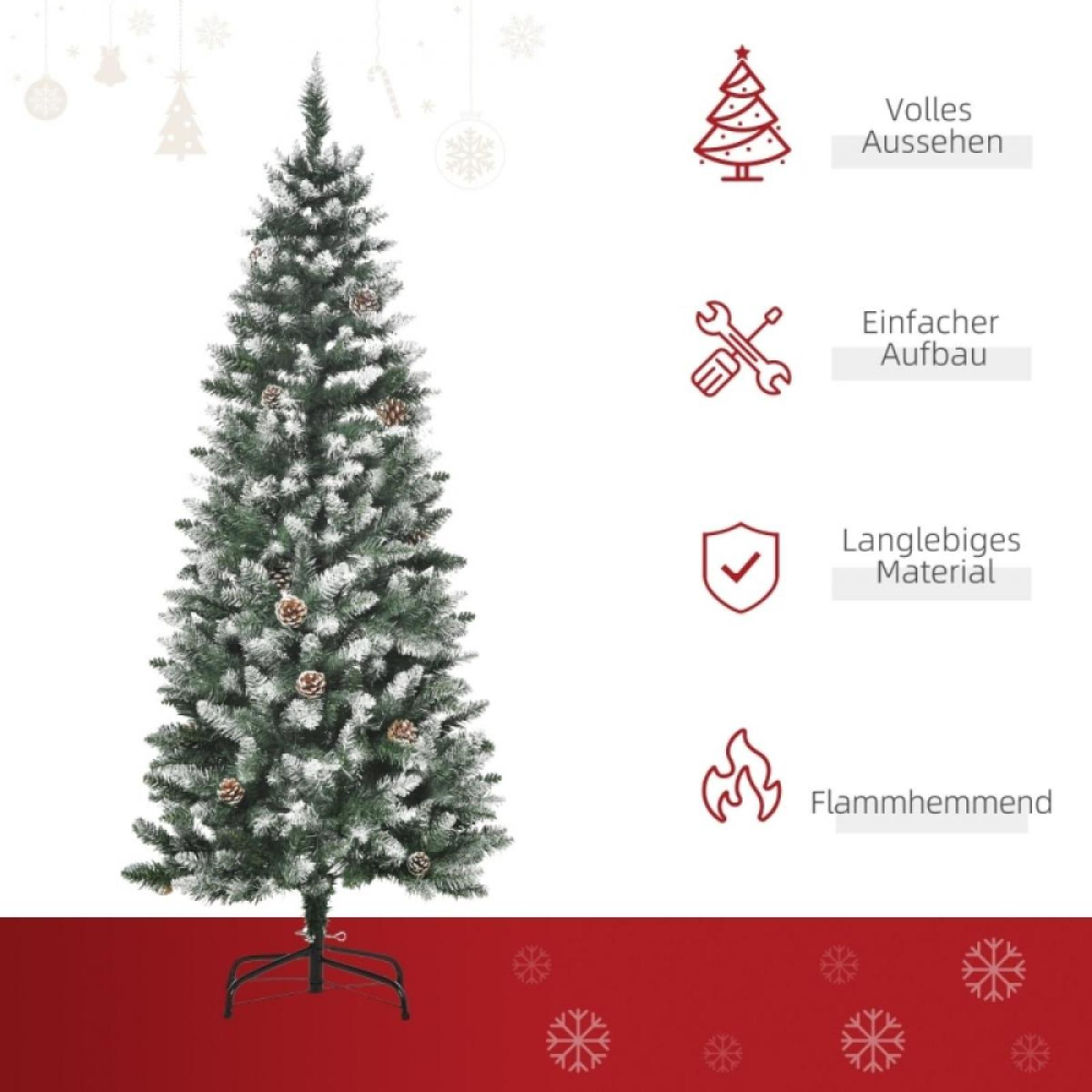 Ein grüner Weihnachtsbaum mit Schneeeffekt und Tannenzapfen auf rotem Hintergrund mit Symbolen.