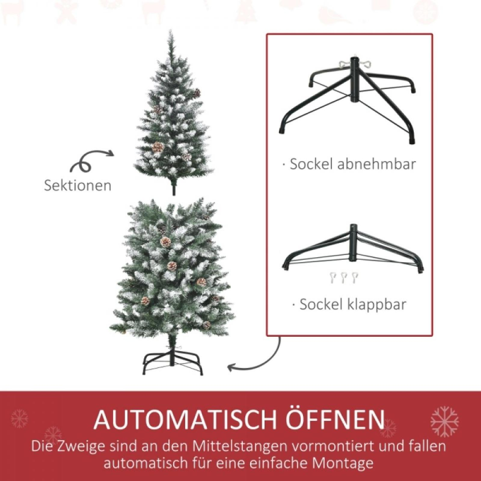 Zerlegter künstlicher Weihnachtsbaum mit zwei Ständeroptionen und Text über automatisches Öffnen und einfache Montage.