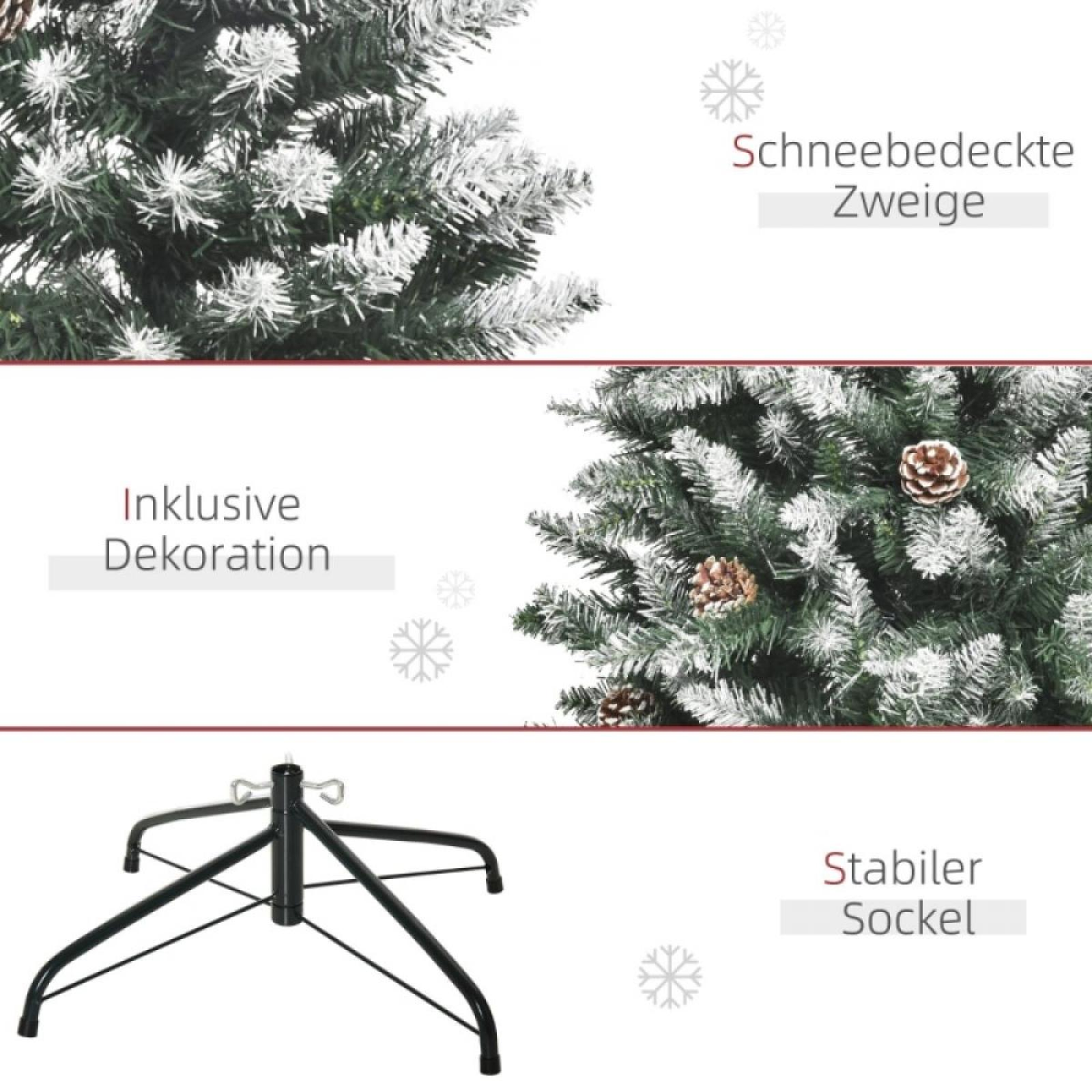 Das Bild zeigt einen Weihnachtsbaum mit schneebedeckten Ästen und Tannenzapfen. Inklusive stabilem Sockel und Dekorationen.