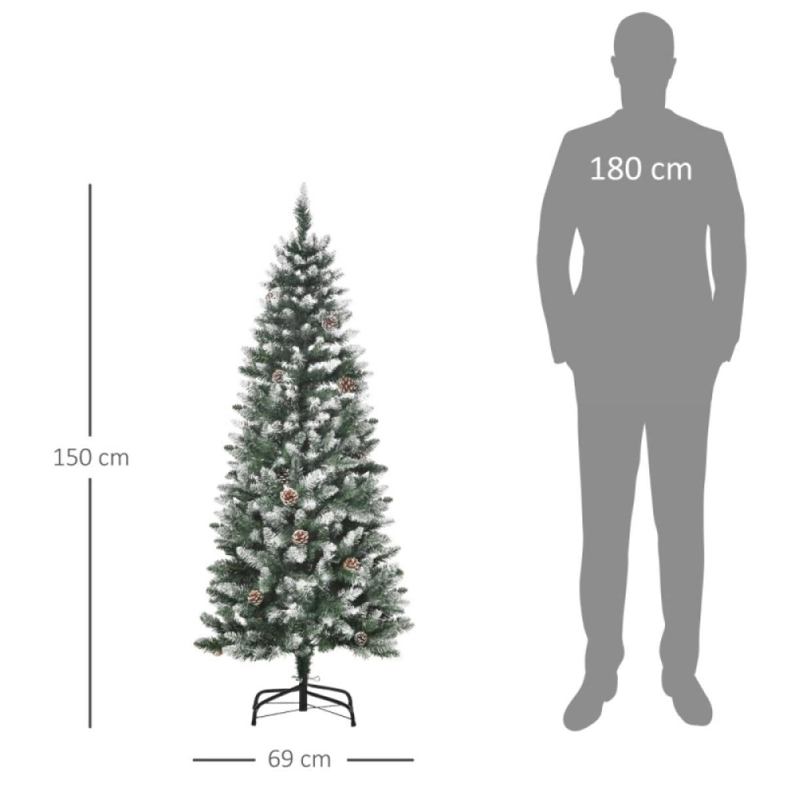 Ein Weihnachtsbaum mit Schnee, 150 cm hoch und 69 cm breit, mit einer 180 cm großen Person auf weißem Hintergrund.