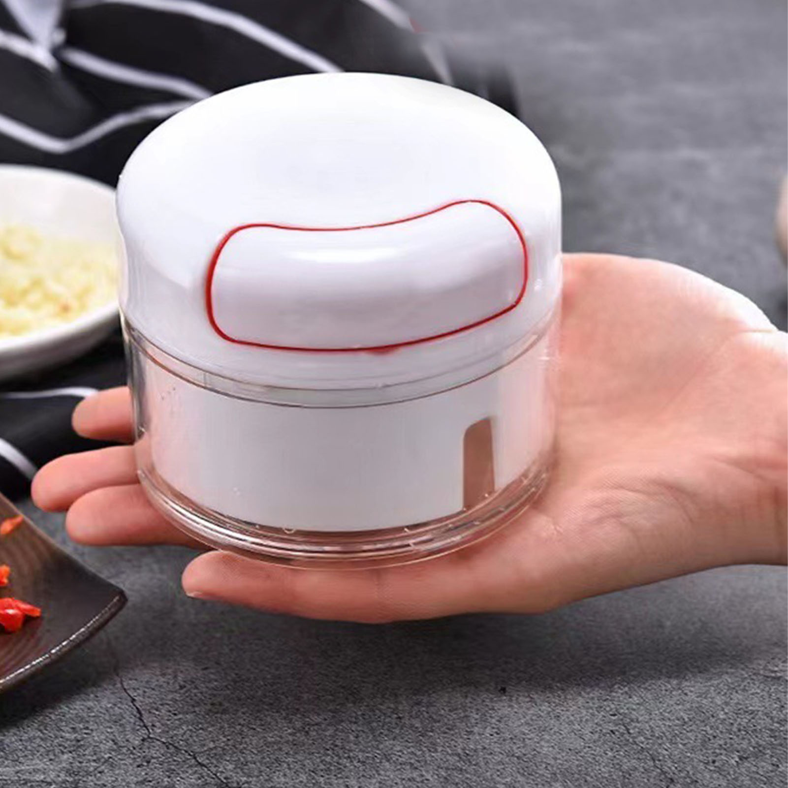 Ein weißer und klarer Foodprozessor, der in einer Hand gehalten wird. Knoblauch und Paprika sind im Hintergrund.