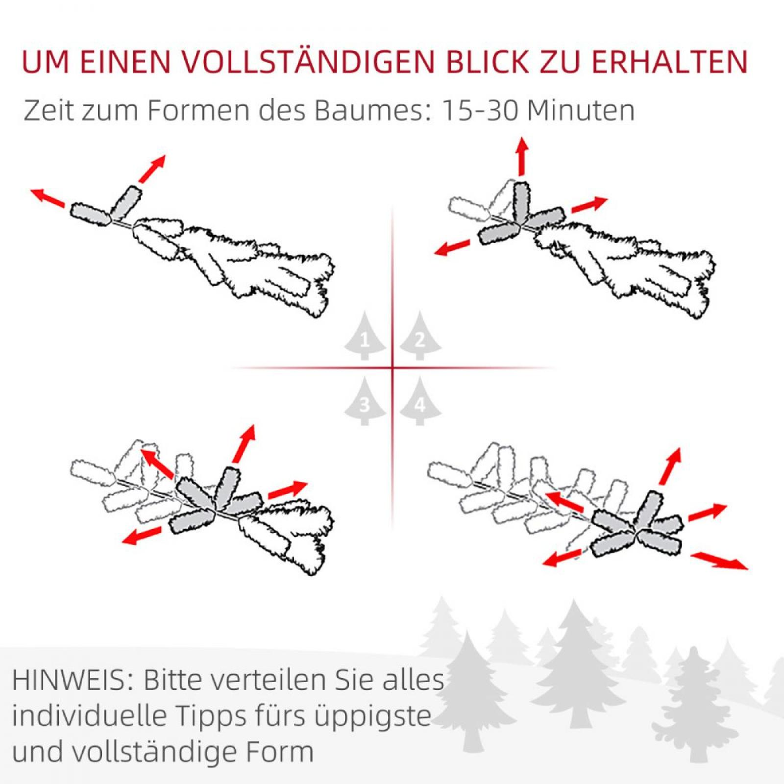 Diagramm zeigt, wie man einen Baum formt. Pfeile zeigen Richtungen an. Text auf Deutsch gibt Anweisungen.