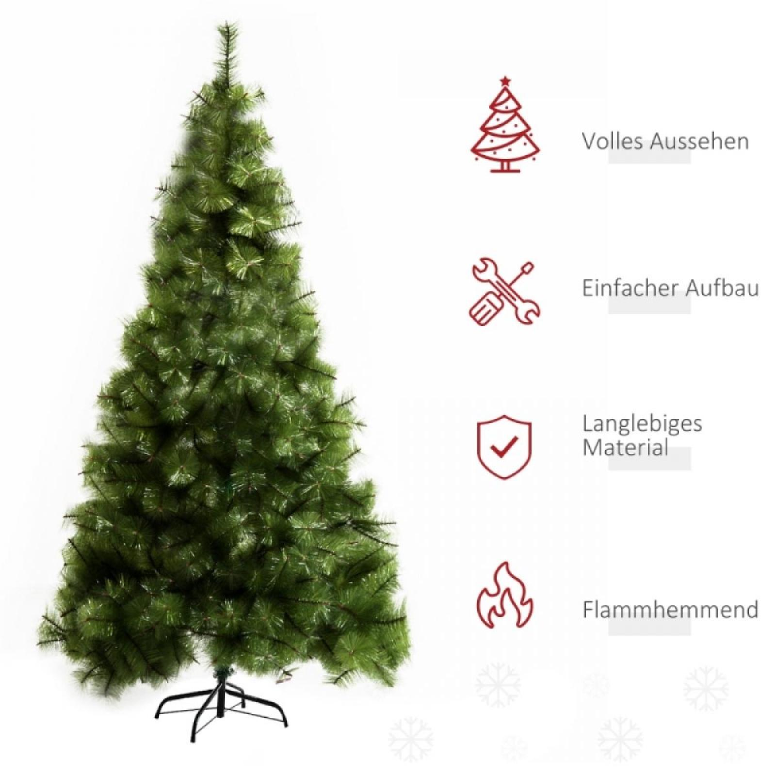 Ein grüner künstlicher Weihnachtsbaum mit schwarzem Ständer. Symbole mit Text rechts: voller Look, einfacher Aufbau, langlebiges Material, feuerhemmend.
