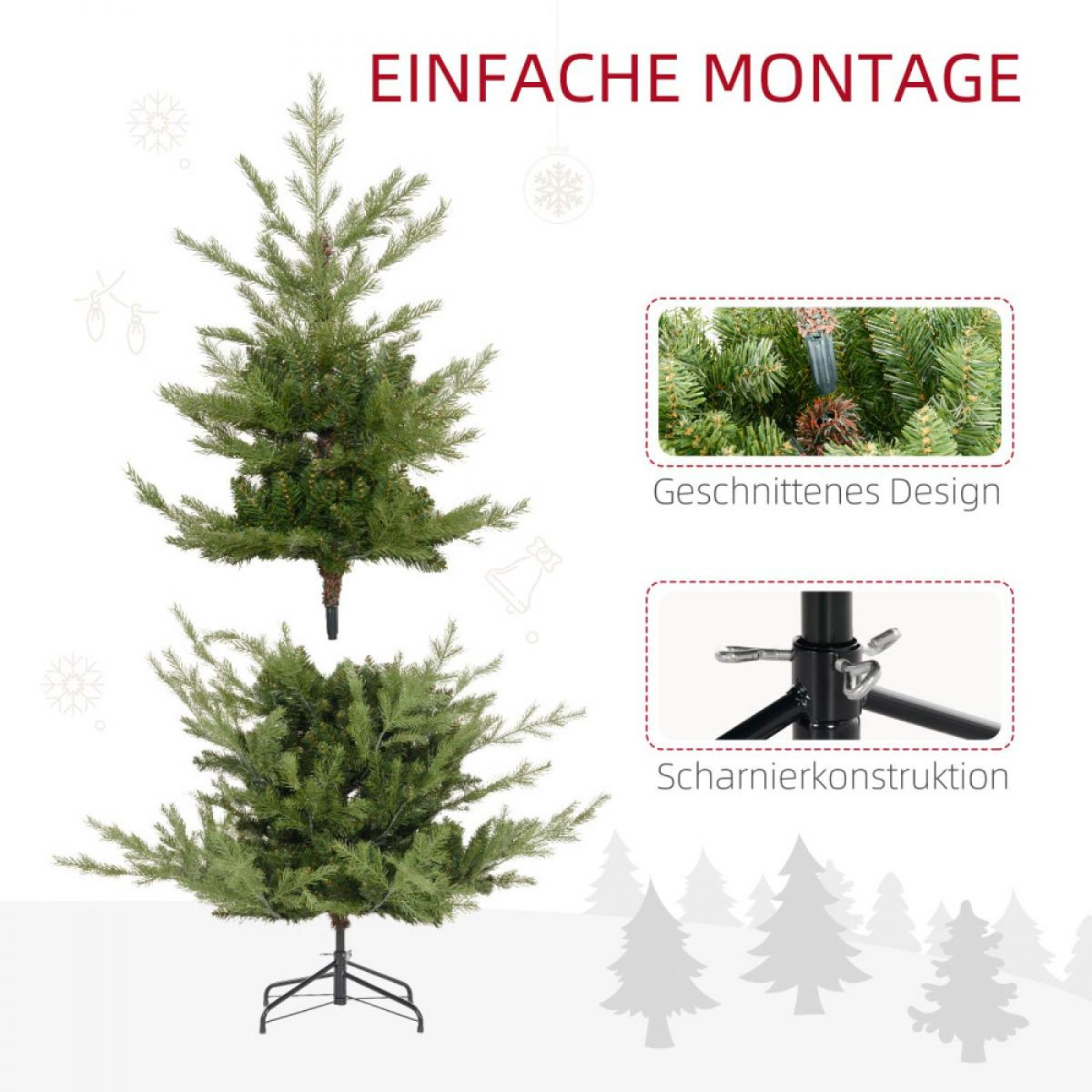 Gezeigt wird ein künstlicher Weihnachtsbaum mit zwei Nahaufnahmen von Designmerkmalen. Der Baum hat grüne Nadeln und einen schwarzen Metallständer.