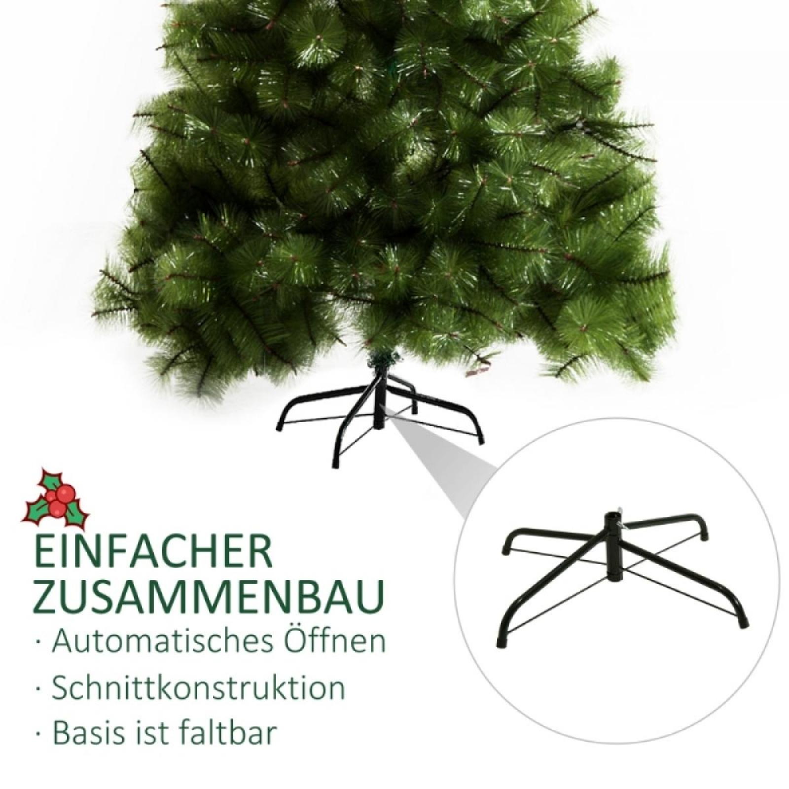 Ein grüner künstlicher Weihnachtsbaum mit schwarzem Ständer. Text: Einfacher Zusammenbau, automatisches Öffnen, Schnittkonstruktion, Basis ist faltbar.