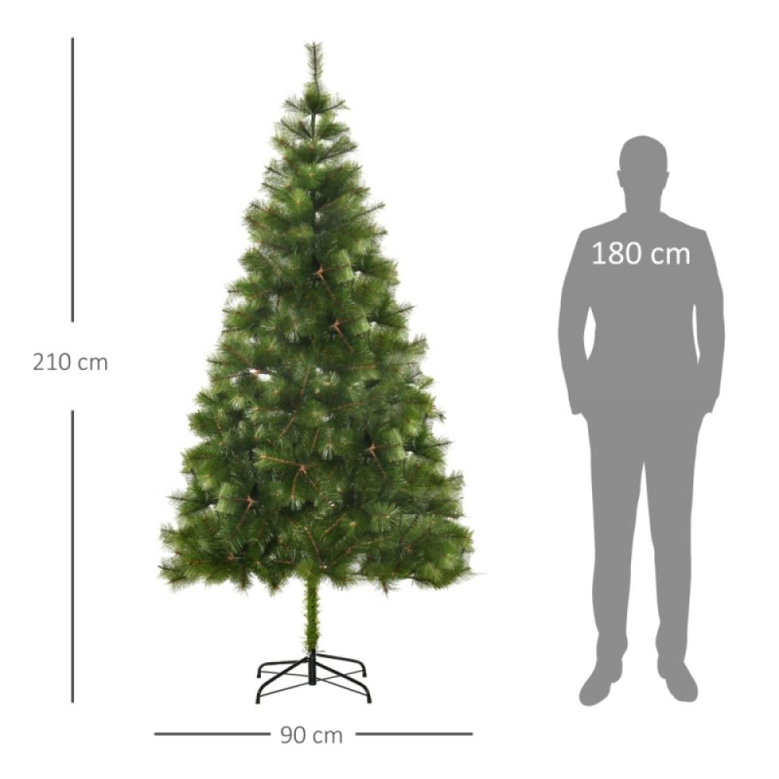 Ein grüner Weihnachtsbaum, 210 cm hoch, neben einer 180 cm großen Silhouette. Die Baumbasis ist 90 cm breit.