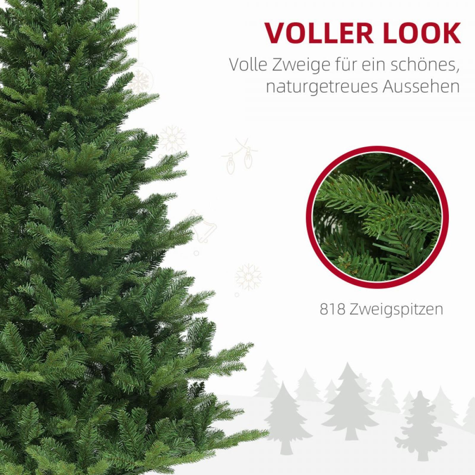 Ein grüner Weihnachtsbaum mit dichten Ästen. Text enthält 'VOLLER LOOK' und '818 Zweigspitzen'. Eine Nahaufnahme zeigt Tannennadeln.