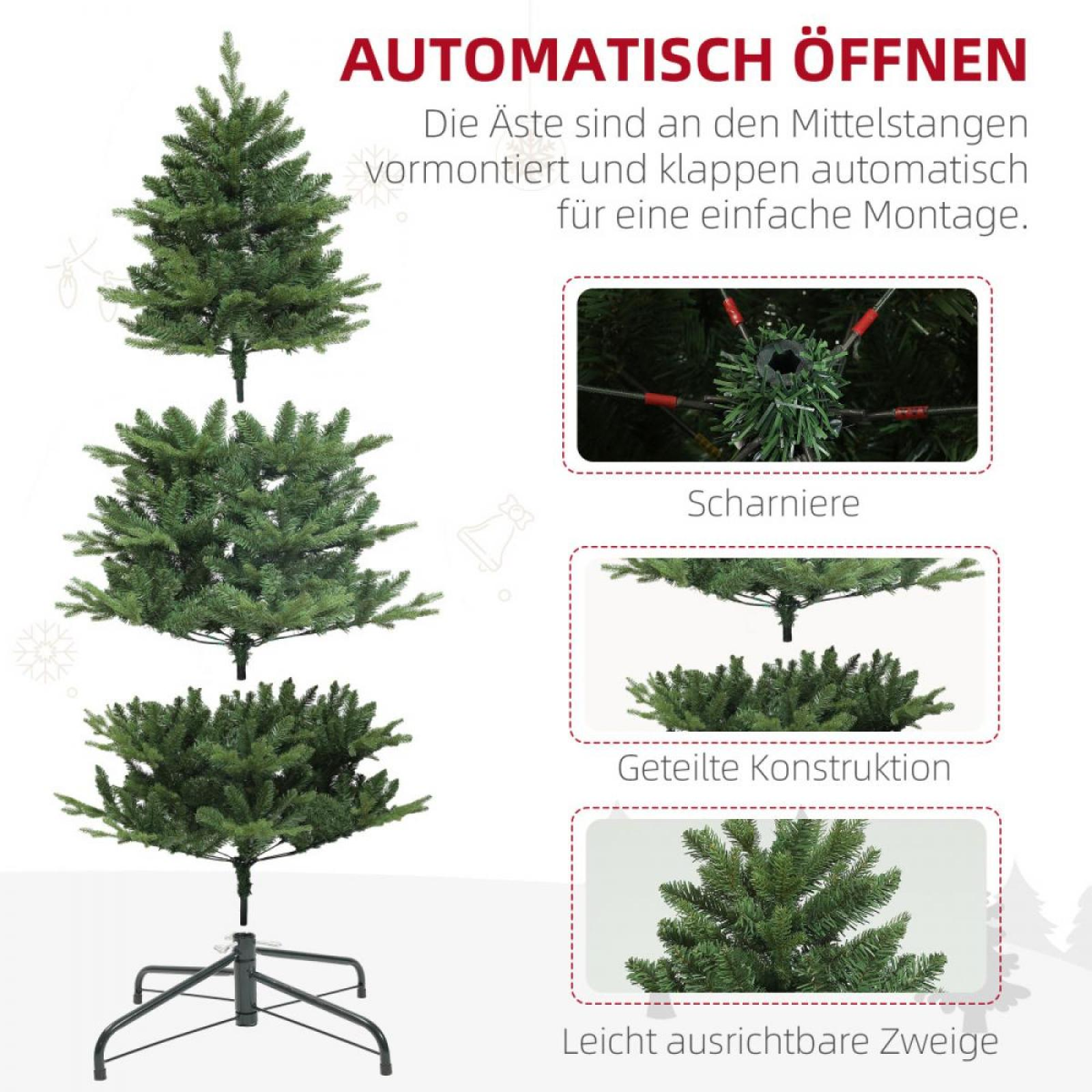 Grüner künstlicher Weihnachtsbaum mit klappbaren Ästen und einfacher Montage, in Stufen gezeigt.