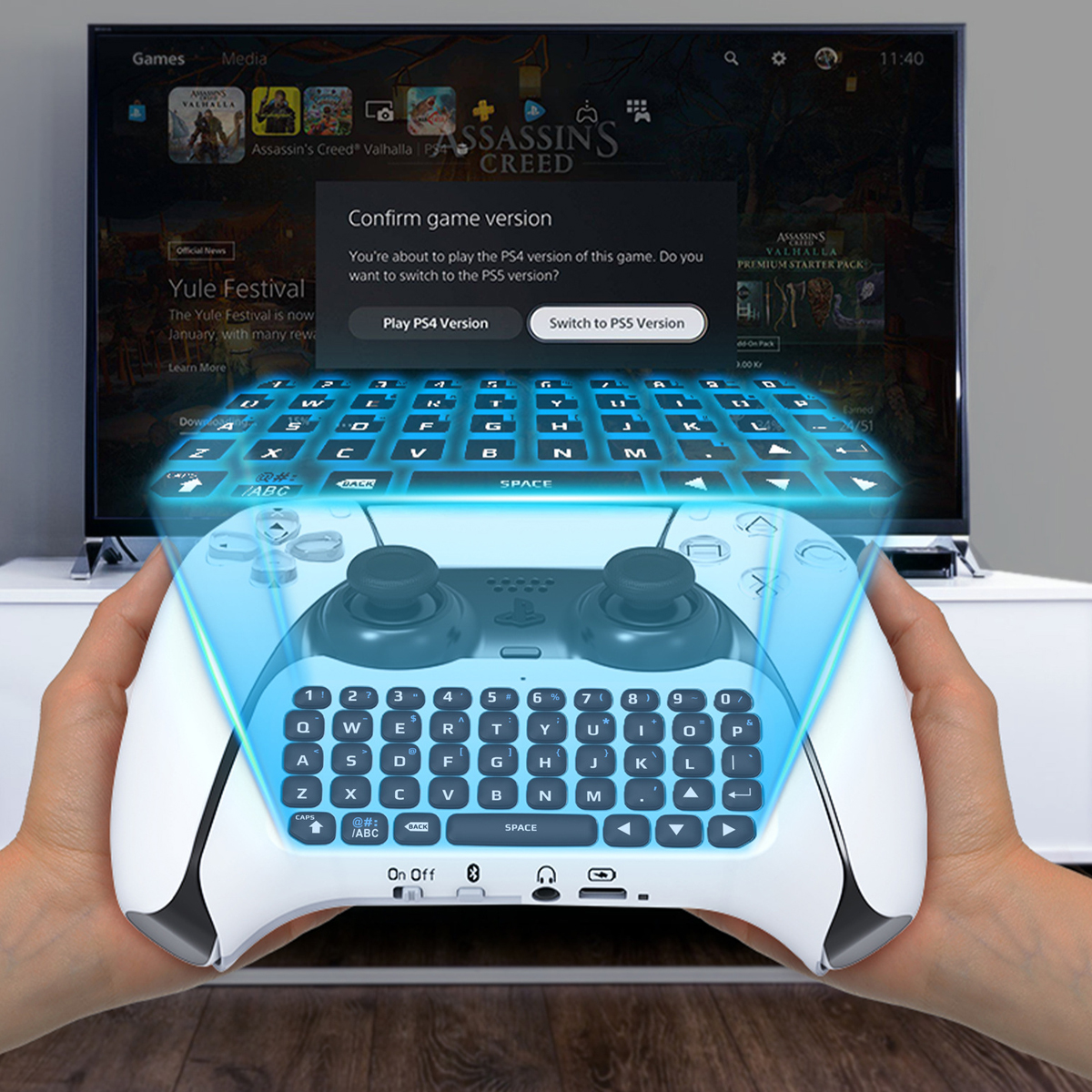 Eine Person hält einen weißen Gaming-Controller mit einer Tastatur-Overlay vor einem Fernseher mit einem Spielmenü.