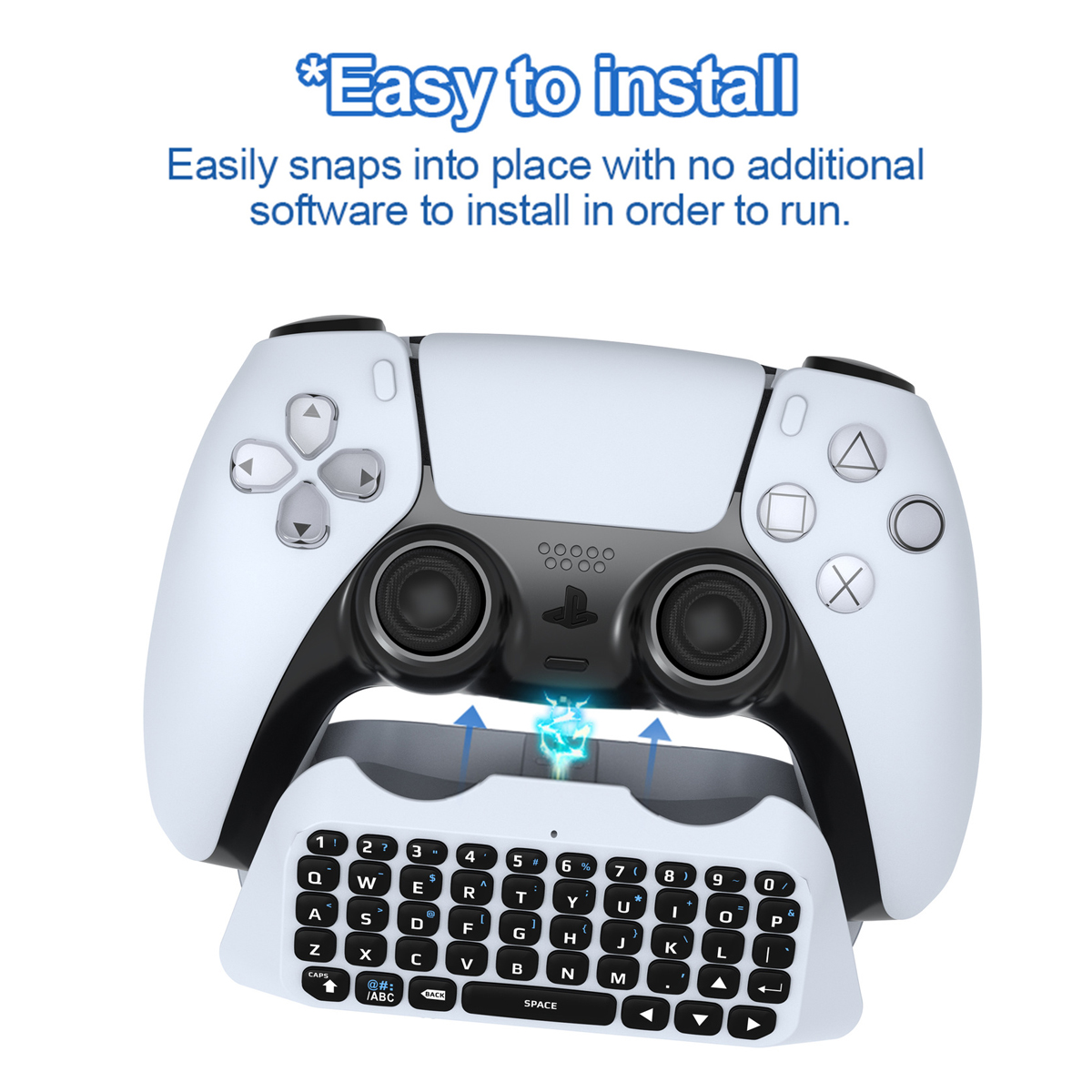 Ein weiß-schwarzer Gamecontroller mit Tastaturaufsatz. Blaue Pfeile zeigen die Installation an. Text: Einfach zu installieren.