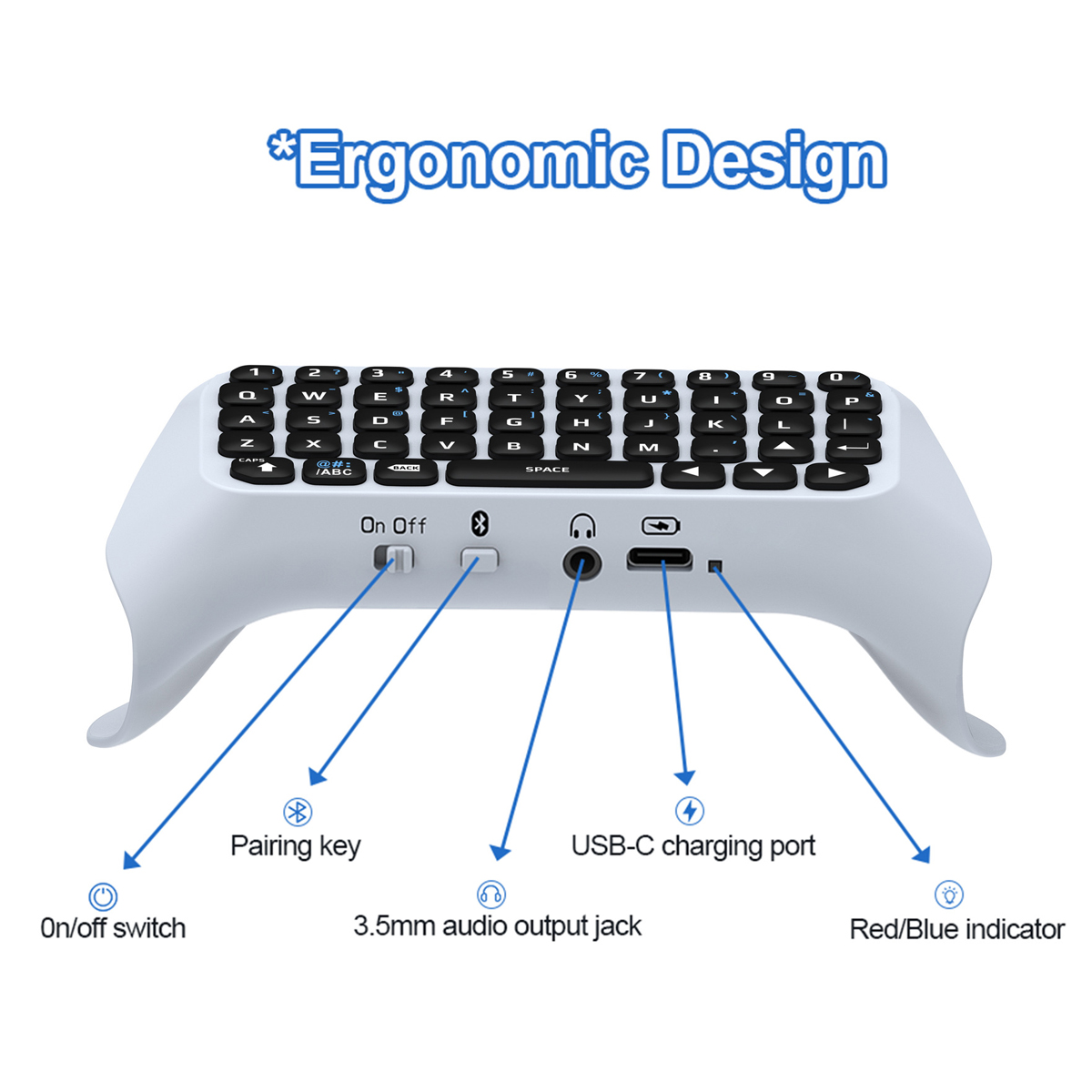 Eine weiße ergonomische Tastatur mit schwarzen Tasten. Merkmale sind Ein/Aus-Schalter, Pairing-Taste, Audioanschluss und Ladeanschluss. Beschriftet 'Ergonomisches Design'.
