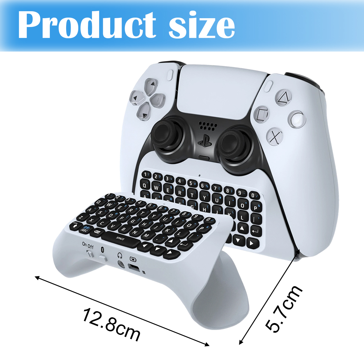 Weißer Gamecontroller mit angeschlossener Tastatur, Abmessungen mit 12,8 cm und 5,7 cm beschriftet. Schwarze Tasten mit weißen Markierungen sichtbar.