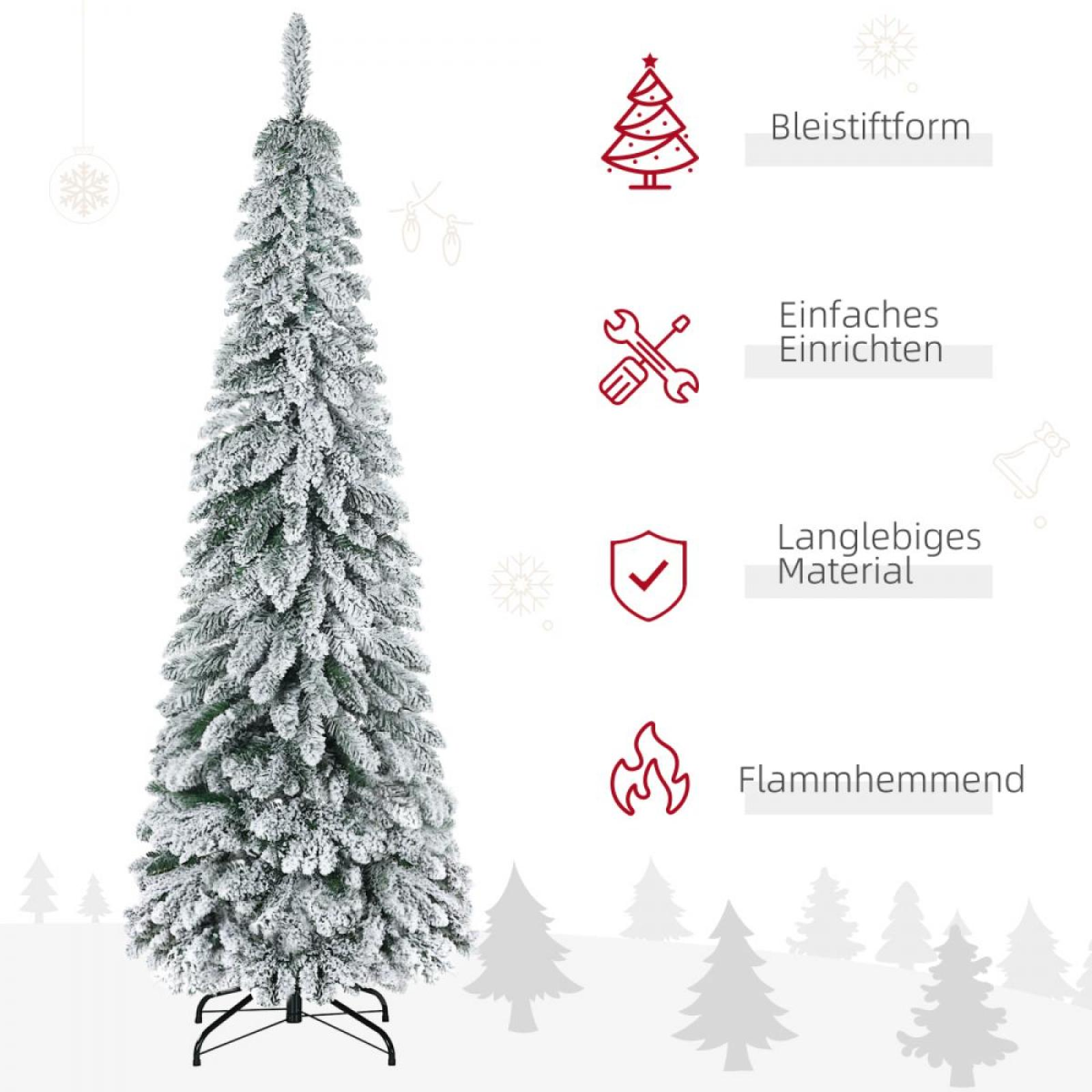 Ein verschneiter Weihnachtsbaum steht auf einem schwarzen Metallsockel. Symbole mit Text befinden sich rechts.