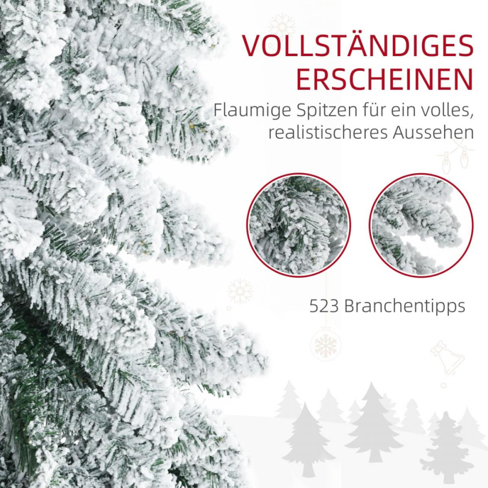 Schneebedeckter Weihnachtsbaum mit grünen Nadeln. Text sagt 'Vollständiges Aussehen' und '523 Zweigspitzen'. Zwei runde Bilder.