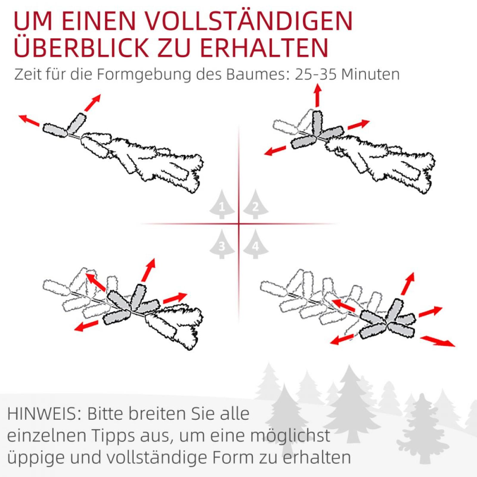 Diagramm zeigt Schritte zur Formung eines Baumes. Rote Pfeile zeigen die Richtung. Text auf Deutsch. Anweisungen auf weißem Hintergrund.