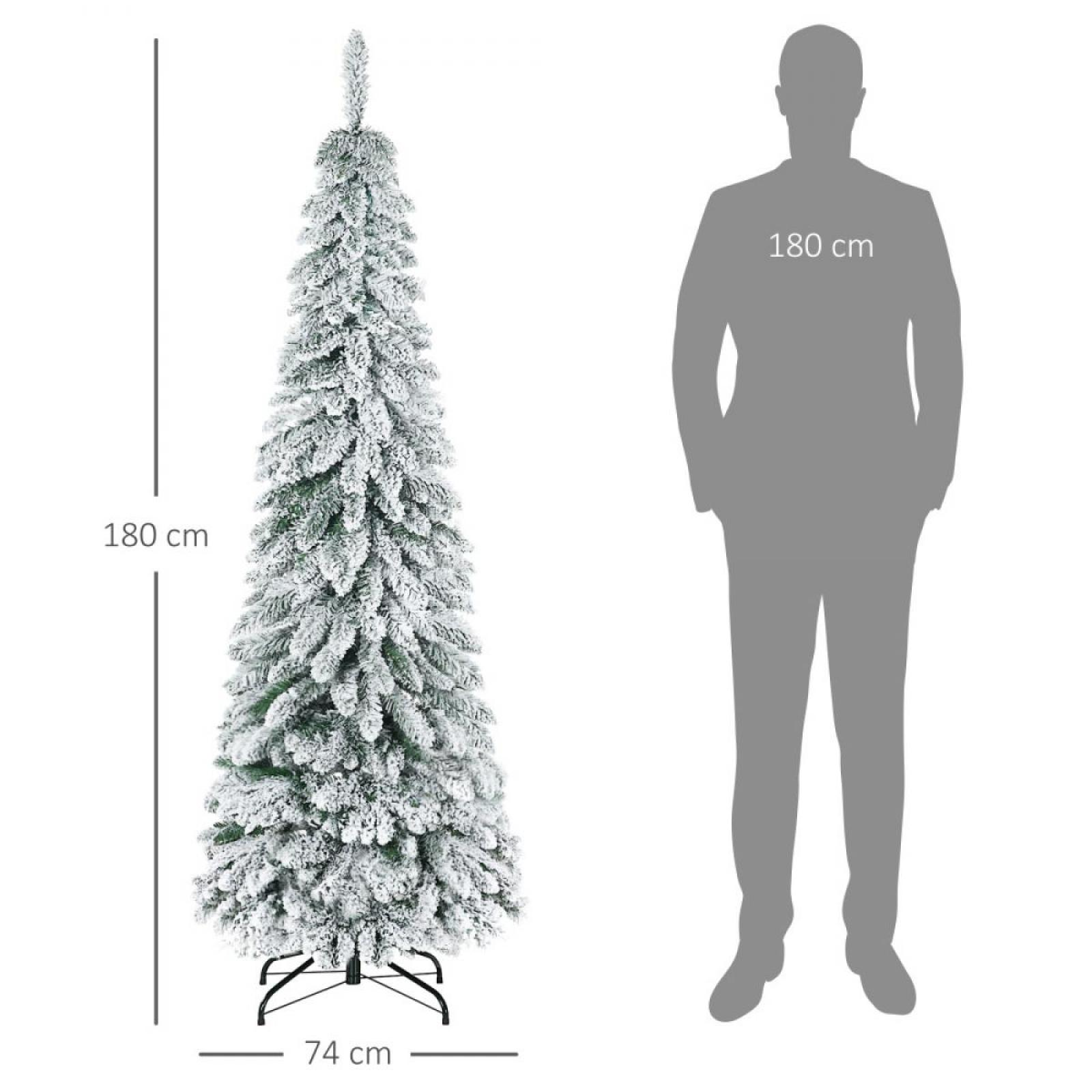 Ein 180 cm hoher künstlicher Weihnachtsbaum mit Schnee bedeckt, neben einer Silhouette einer Person, ebenfalls 180 cm groß.