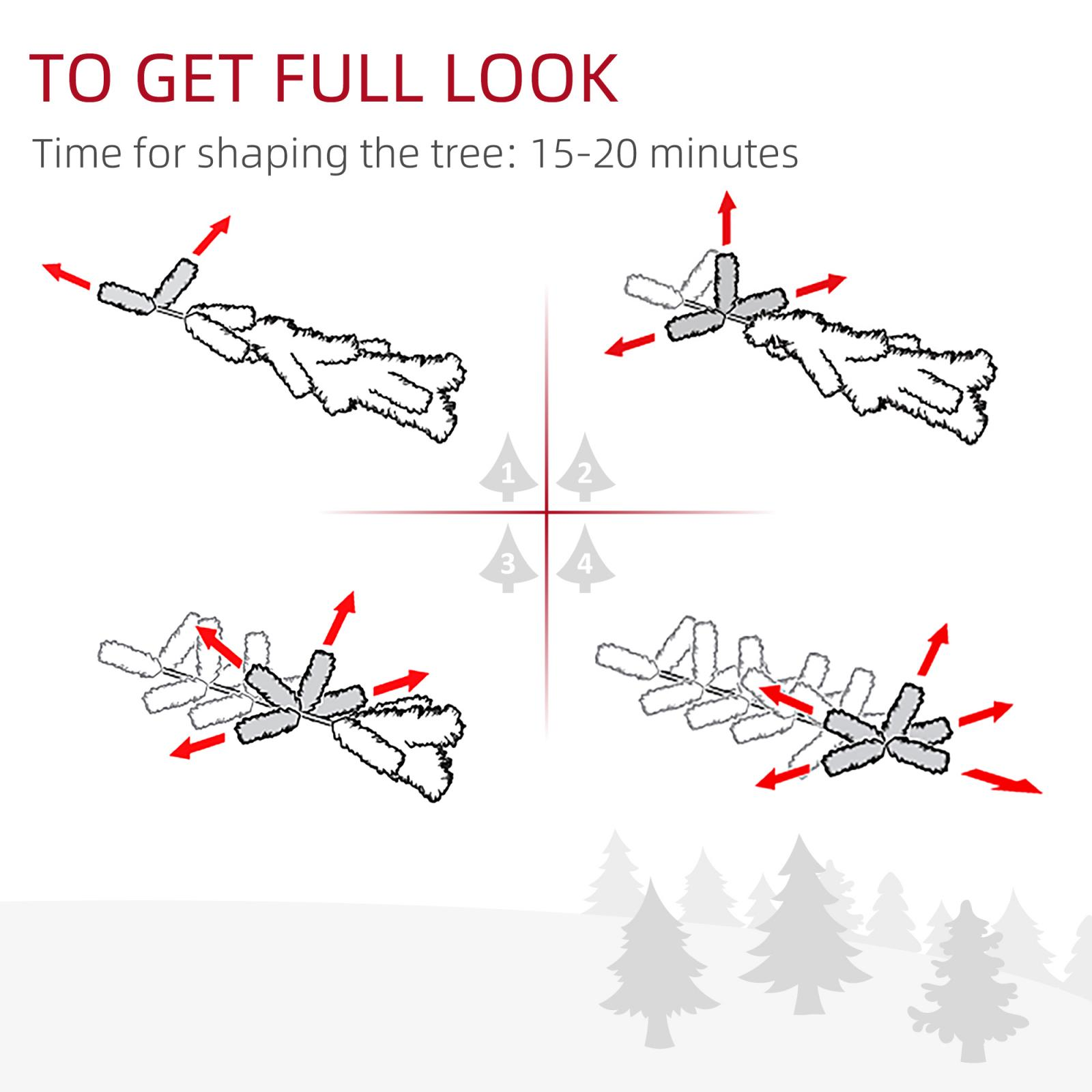 Diagramm, das zeigt, wie man einen Baum formt. Pfeile zeigen die Bewegungsrichtung an. Text sagt: 'Um den vollen Look zu erhalten'.