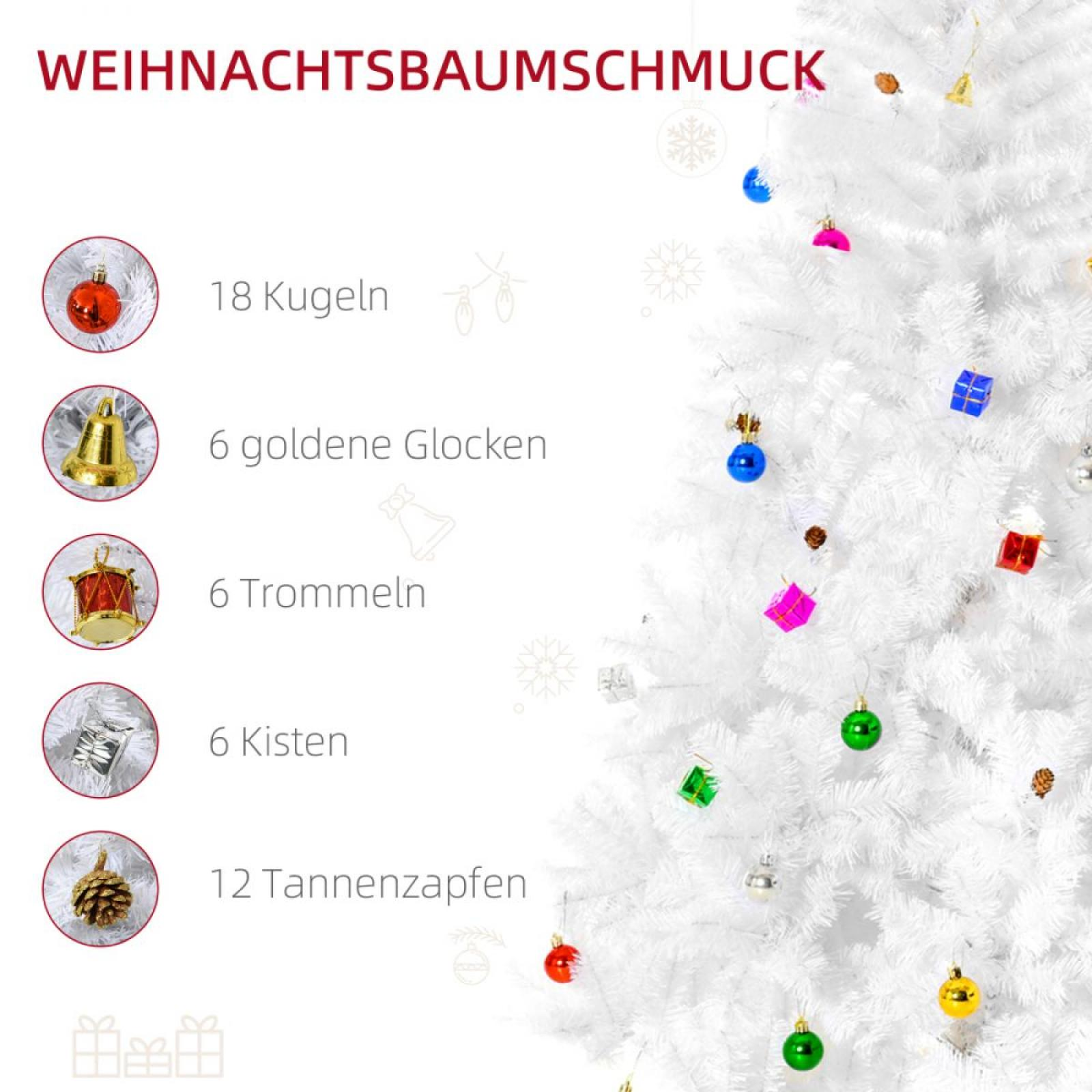 Ein weißer Weihnachtsbaum mit verschiedenen Ornamenten wie Kugeln, Glocken, Trommeln, Schachteln und Tannenzapfen. Text auf Deutsch listet Mengen.