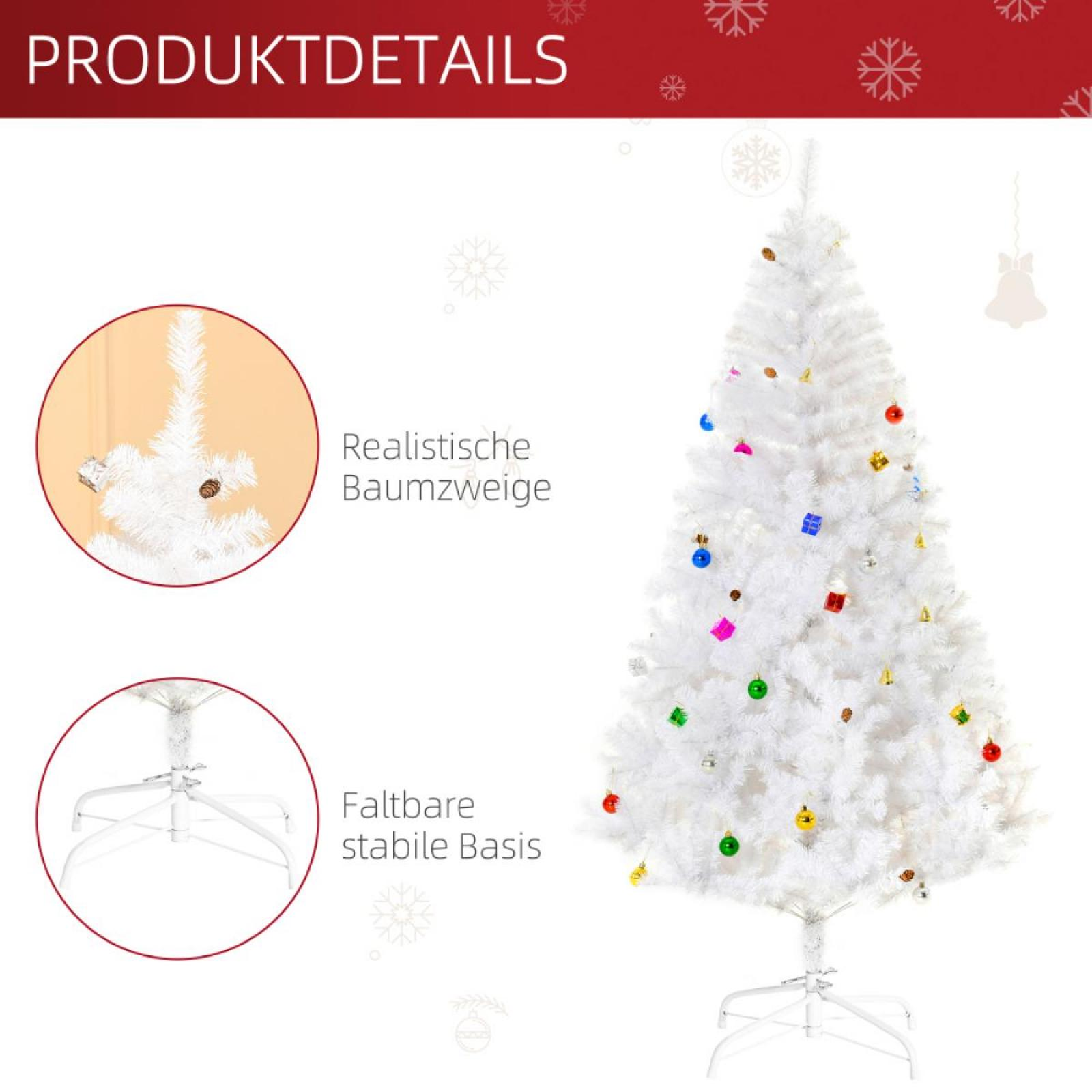 Ein weißer Weihnachtsbaum mit bunten Ornamenten wird gezeigt. Der Baum hat einen faltbaren Fuß.