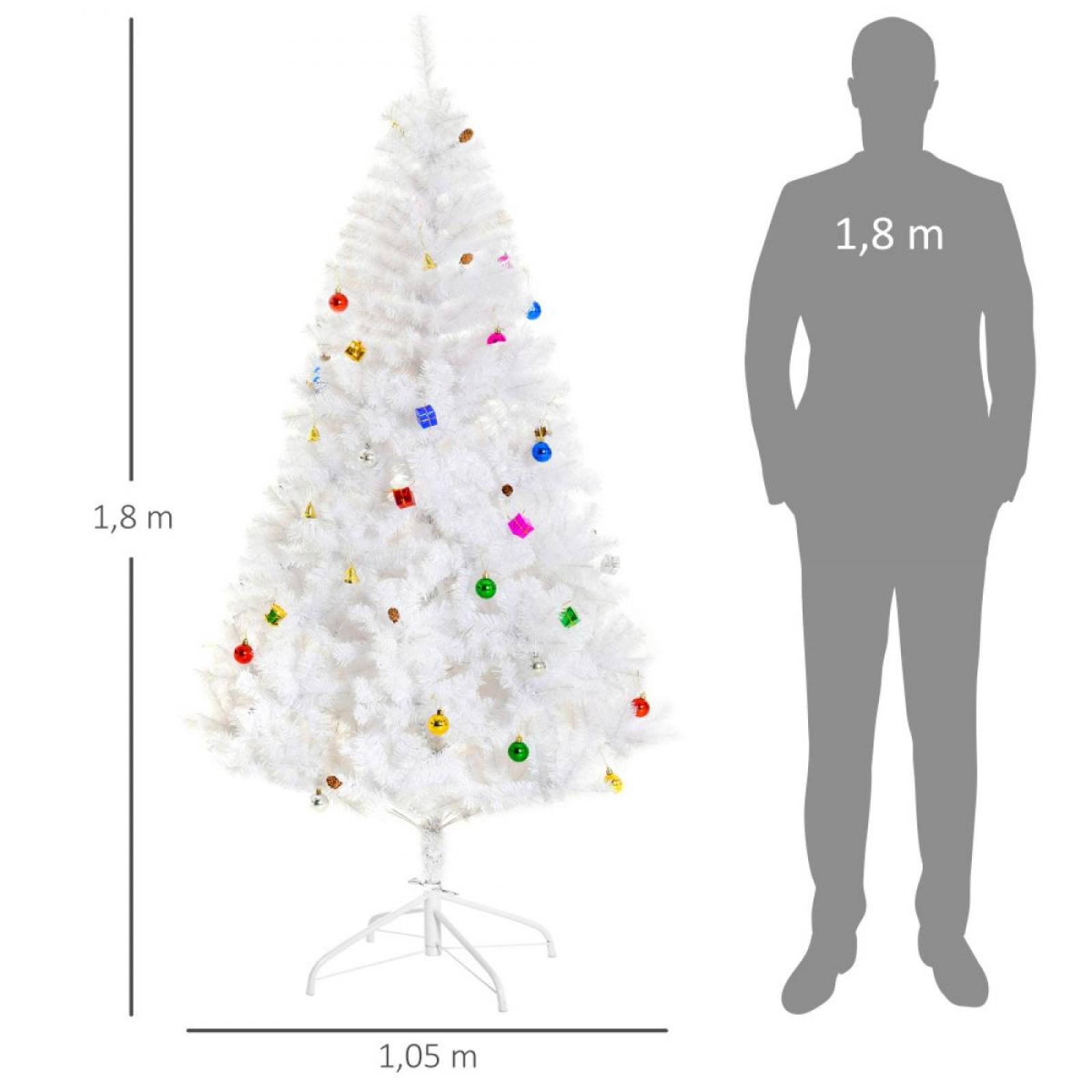 Weißer Weihnachtsbaum mit bunten Ornamenten neben einer grauen Silhouette einer Person.