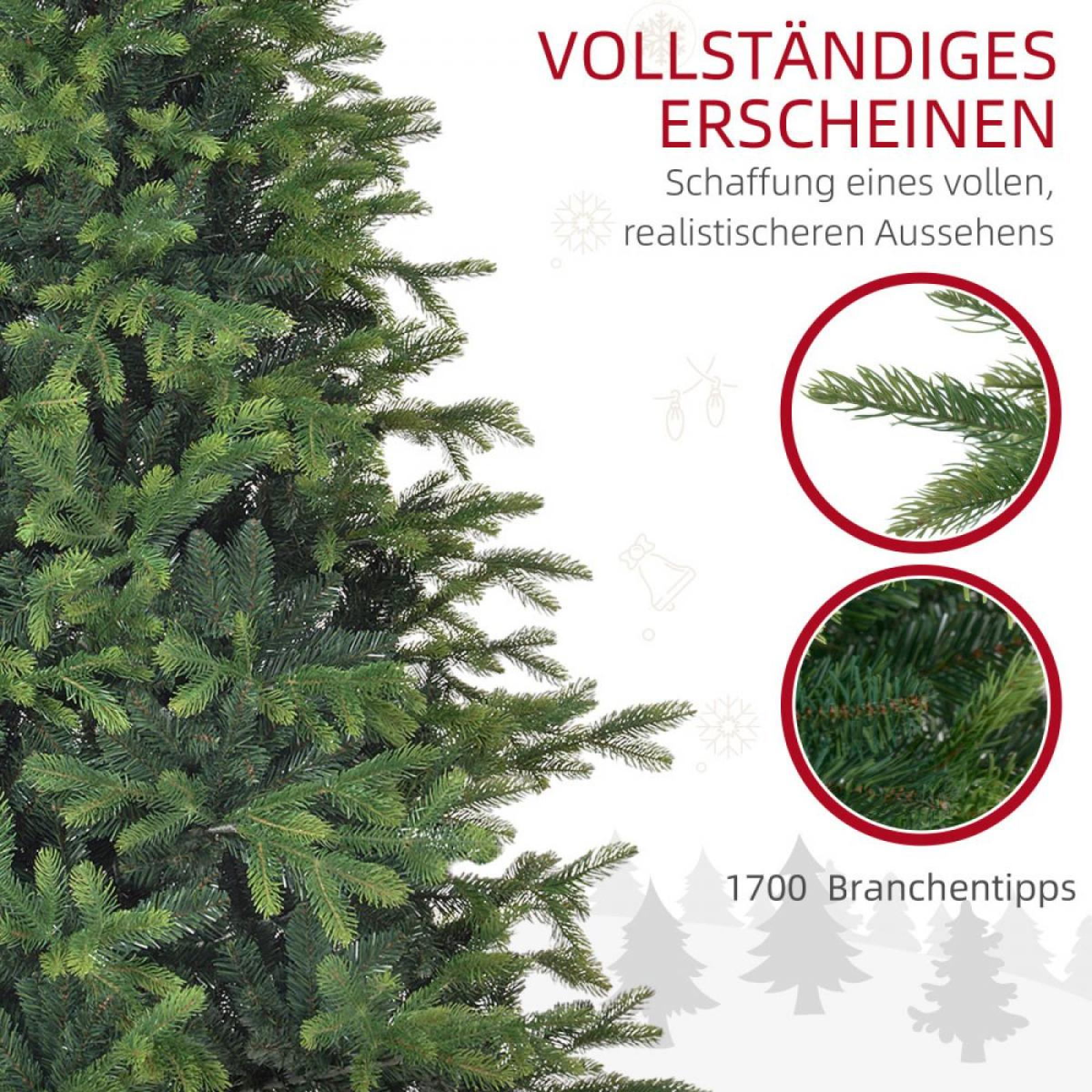 Ein grüner künstlicher Weihnachtsbaum mit Text auf Deutsch. Das Bild enthält Nahaufnahmen der Äste des Baumes.