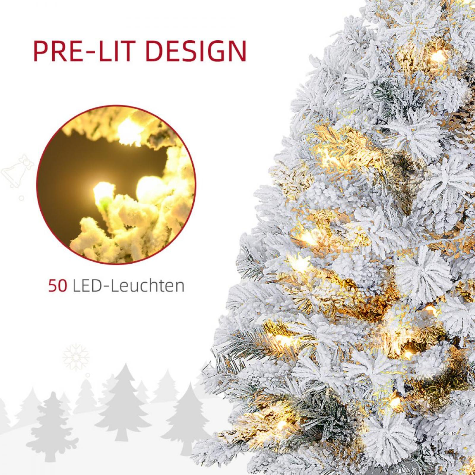 Ein vorbeleuchteter Weihnachtsbaum mit schneegleicher Beschichtung und warmen LED-Leuchten. Ein kreisförmiger Einsatz zeigt Nahaufnahme der Lichter.