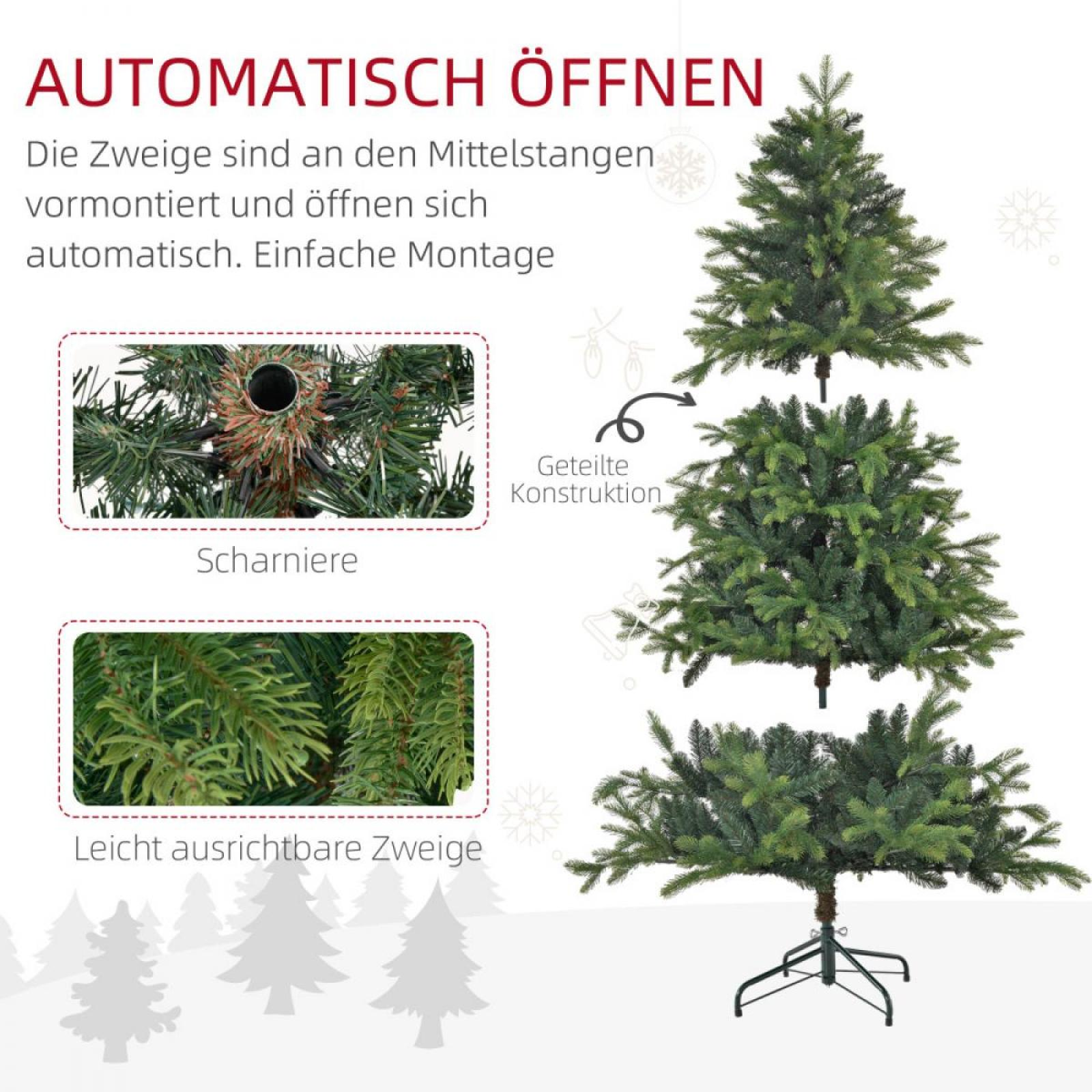 Diagramm eines künstlichen Weihnachtsbaums, das die Montage zeigt. Enthält Nahaufnahmen von Scharnieren und Ästen.