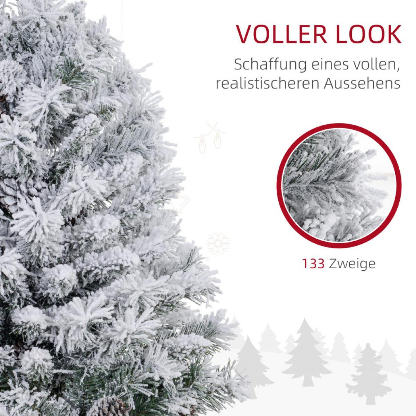 Nahaufnahme eines verschneiten Weihnachtsbaums. Inset zeigt 133 Zweige. Text auf Deutsch: 'Voller Look'.