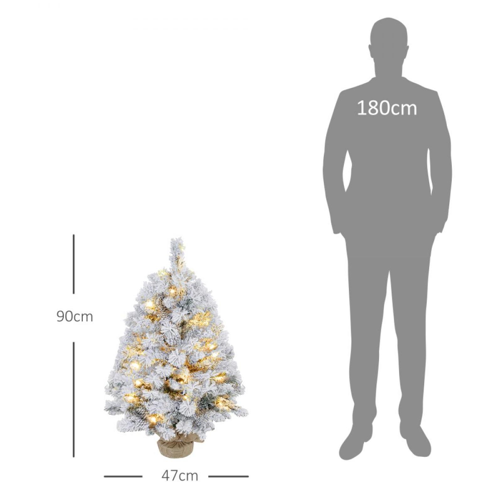 Ein geflockter Weihnachtsbaum mit Lichtern steht neben einer grauen Silhouette einer Person mit Maßen.