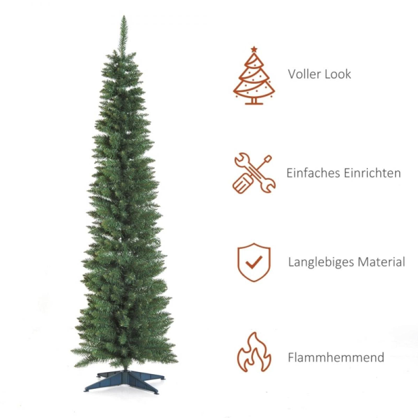 Ein grüner künstlicher Weihnachtsbaum mit Metallfuß und Symbolen für einfache Einrichtung und Flammenbeständigkeit.