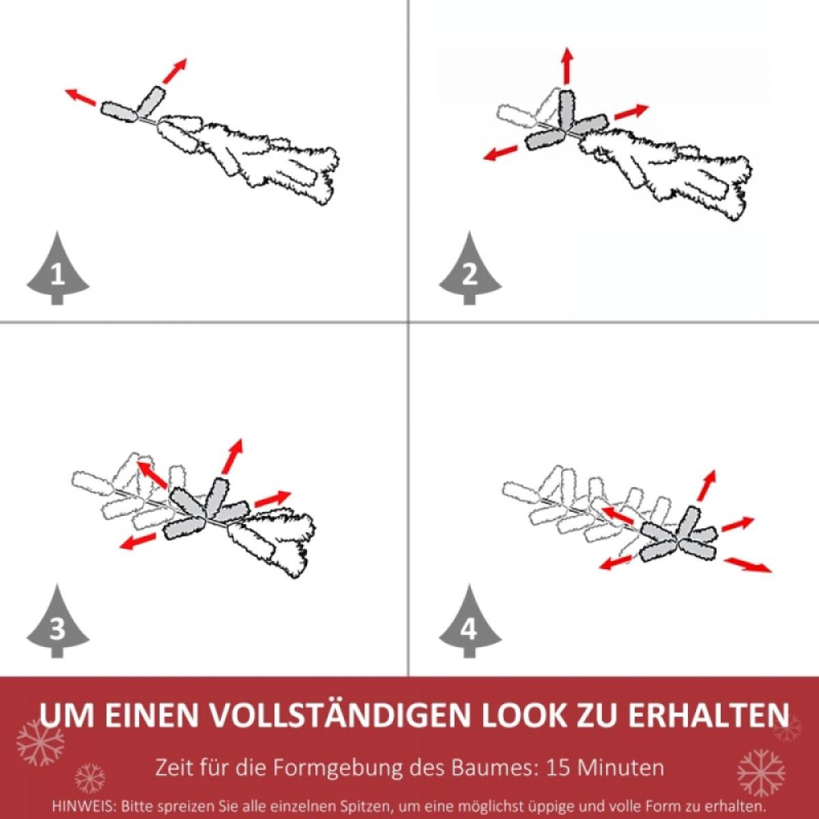 Anleitung zum Formen eines Baumes. Schritte 1-4 zeigen Verzweigungen mit roten Pfeilen. Text unten.