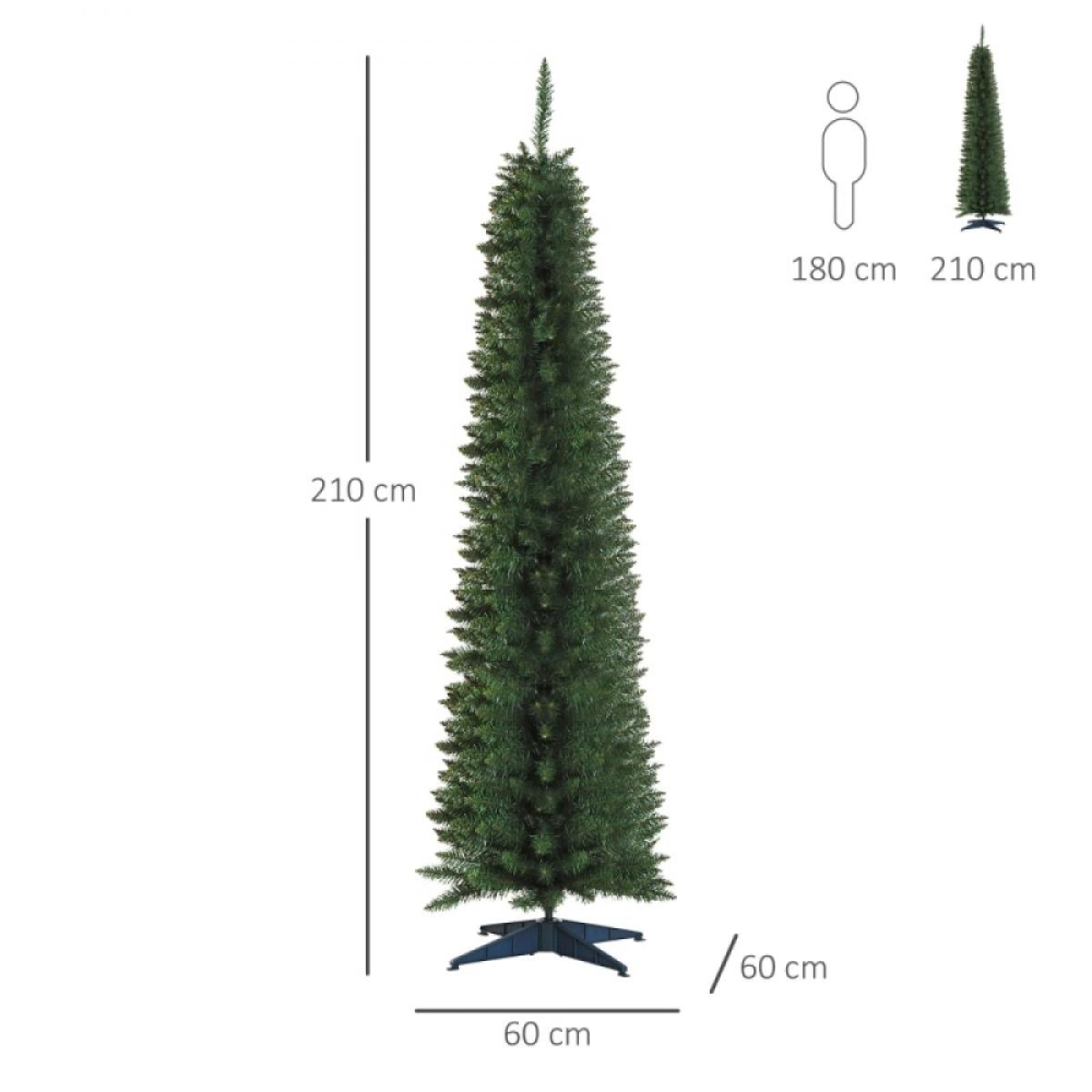 Ein hoher, grüner künstlicher Weihnachtsbaum, 210 cm hoch, auf einem schwarzen Sockel. Abmessungen sind angegeben.