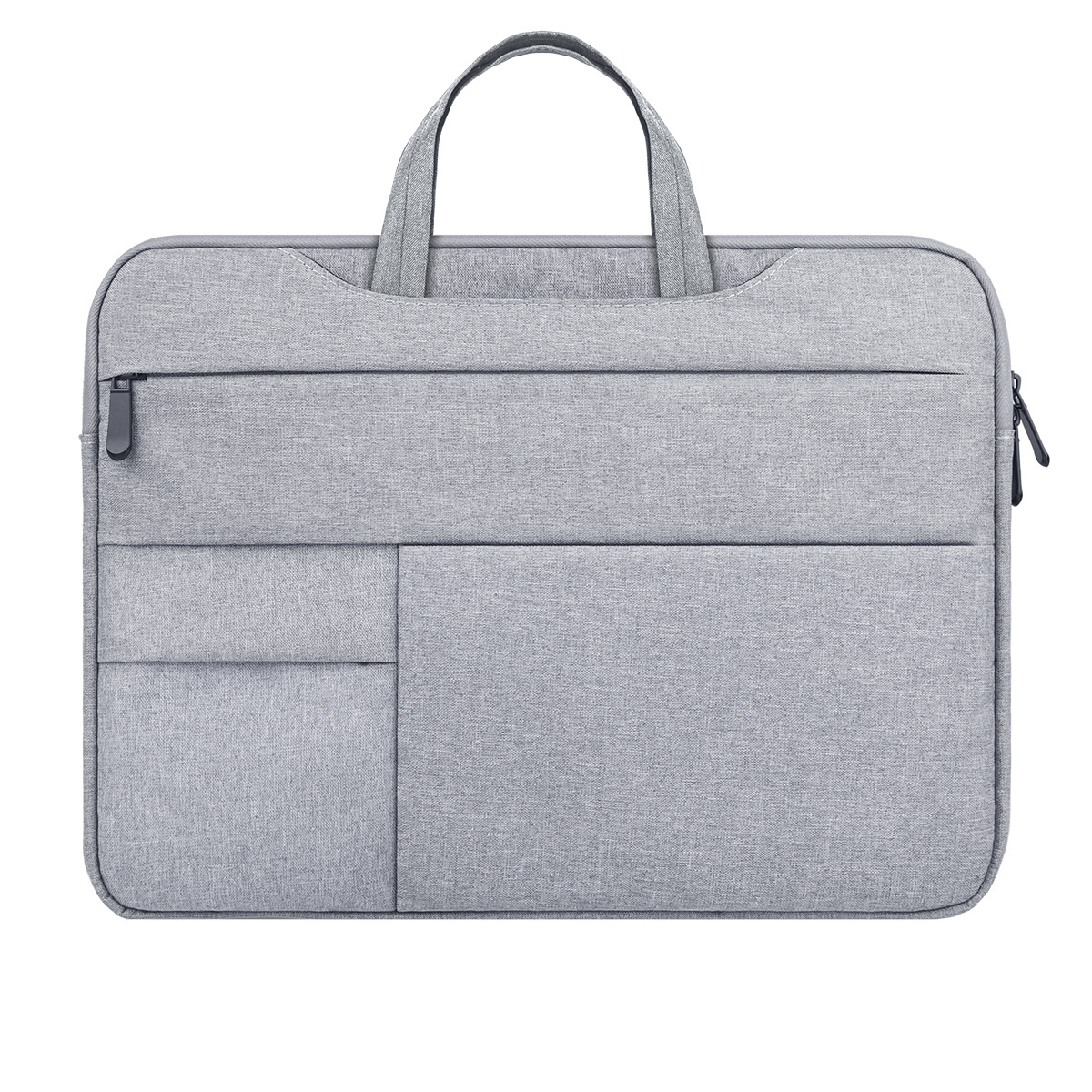 Eine graue Laptoptasche mit Griff und Reißverschluss. Sie hat mehrere Taschen und ein schlichtes Design. Der Hintergrund ist weiß.