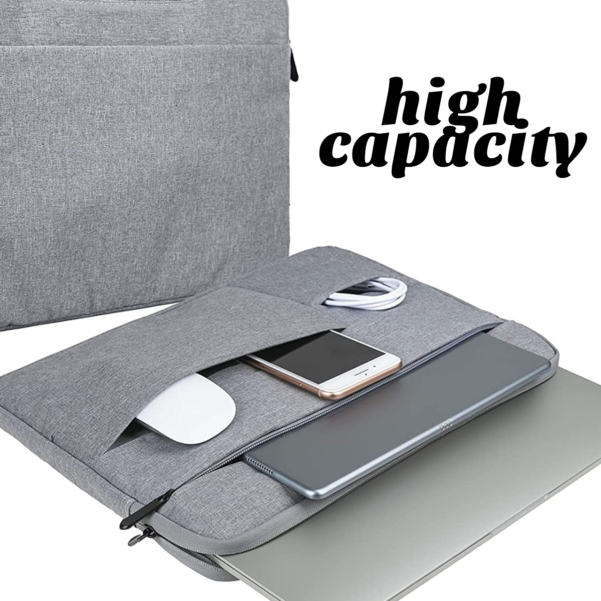 Eine graue Laptoptasche mit offenen Fächern. Darin befinden sich ein Telefon, eine Maus, ein Tablet und ein weißes Kabel. Der Text 'high capacity' ist sichtbar.