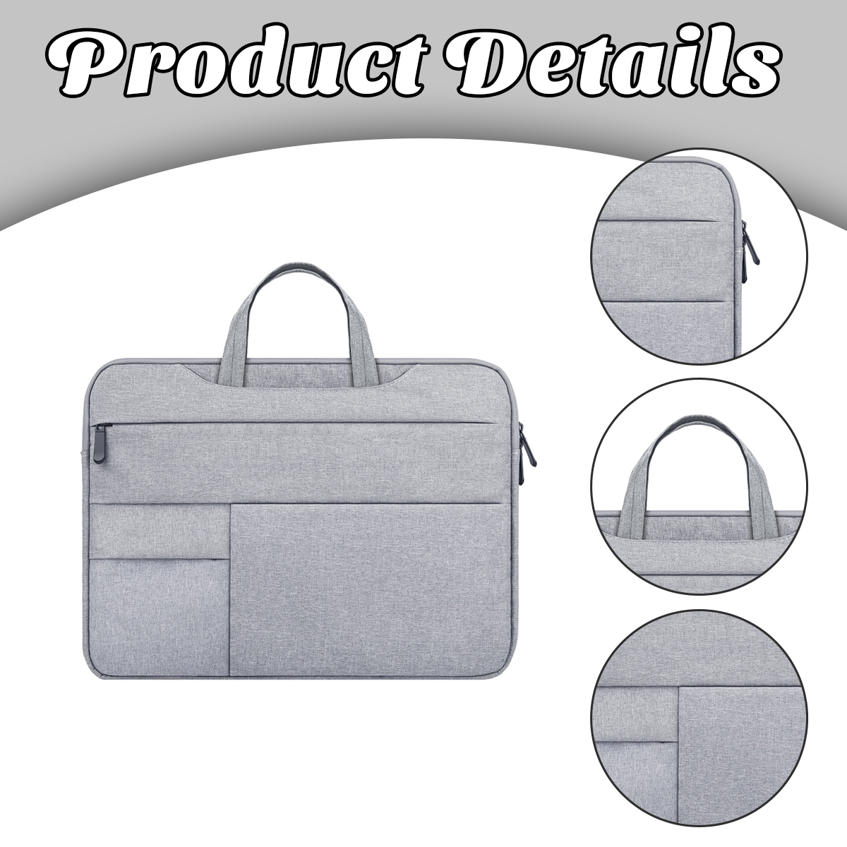 Graue Laptoptasche mit Henkel und Reißverschluss. Details zeigen Henkel, Reißverschluss und Stoffstruktur. Titel lautet "Produktdetails".