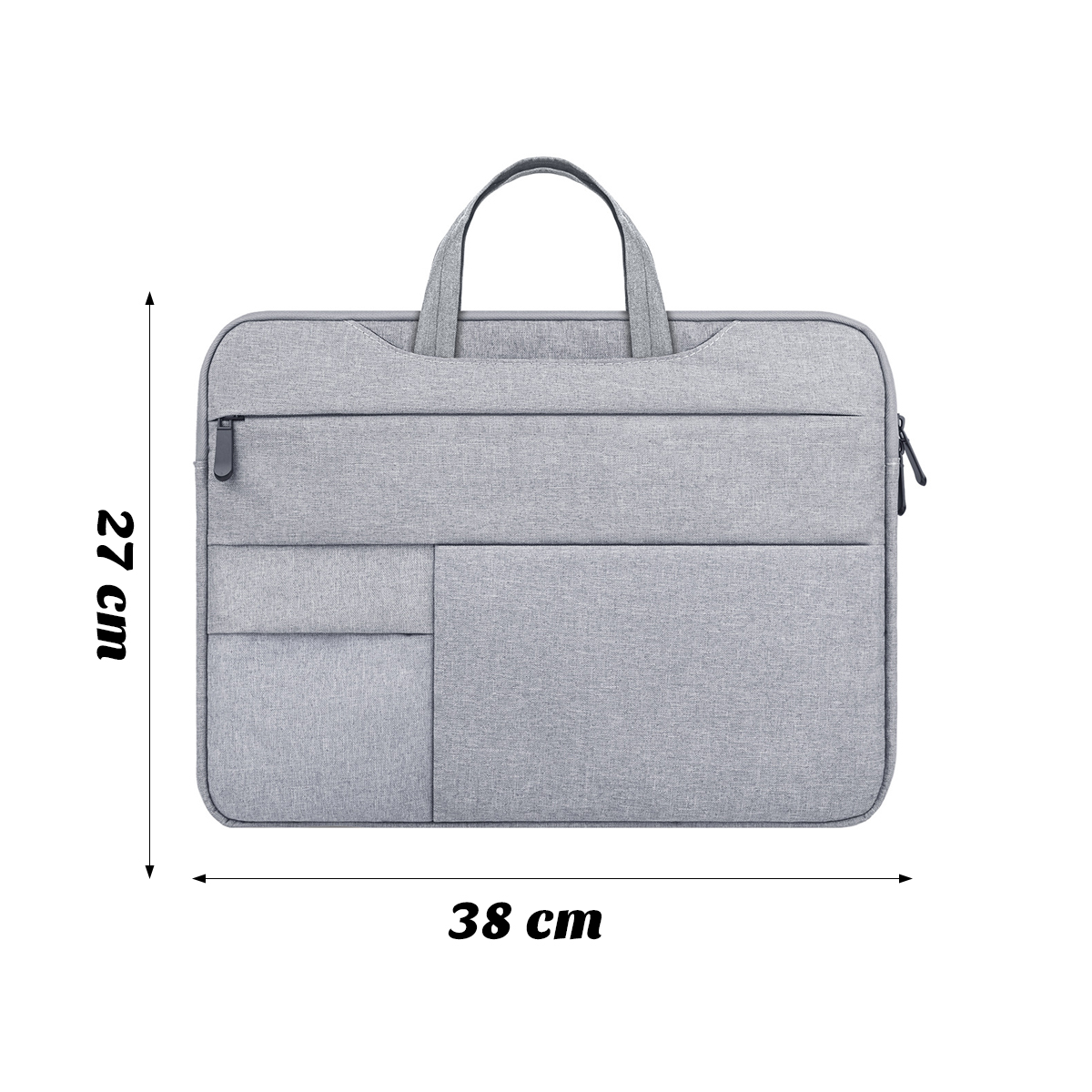 Eine graue Laptoptasche mit Henkel. Sie hat Reißverschlüsse und Taschen. Die Maße sind 27 cm x 38 cm, vor weißem Hintergrund.
