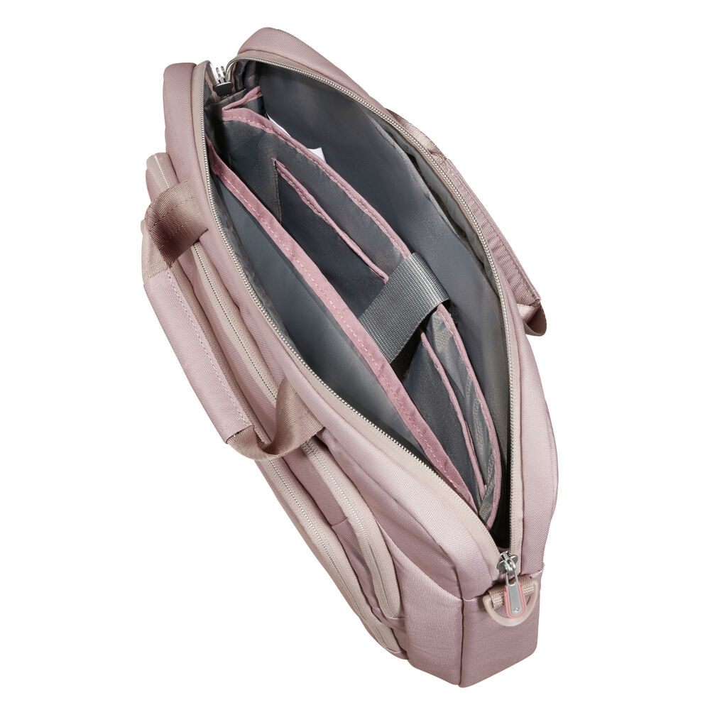 Offene, rosa Laptoptasche mit mehreren Fächern. Innen sind graue Trennwände und ein Riemen zu sehen. Die Tasche befindet sich auf weißem Hintergrund.