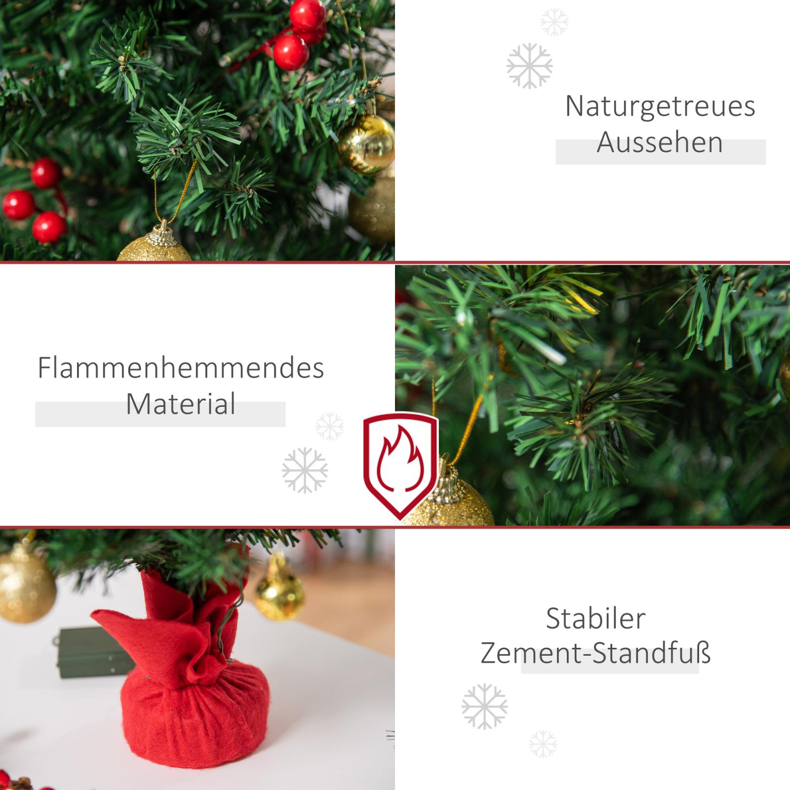 Nahaufnahme eines Weihnachtsbaums mit roten Beeren, goldenen Ornamenten und einem rot mit Stoff bedeckten Fuß auf weißem Grund.