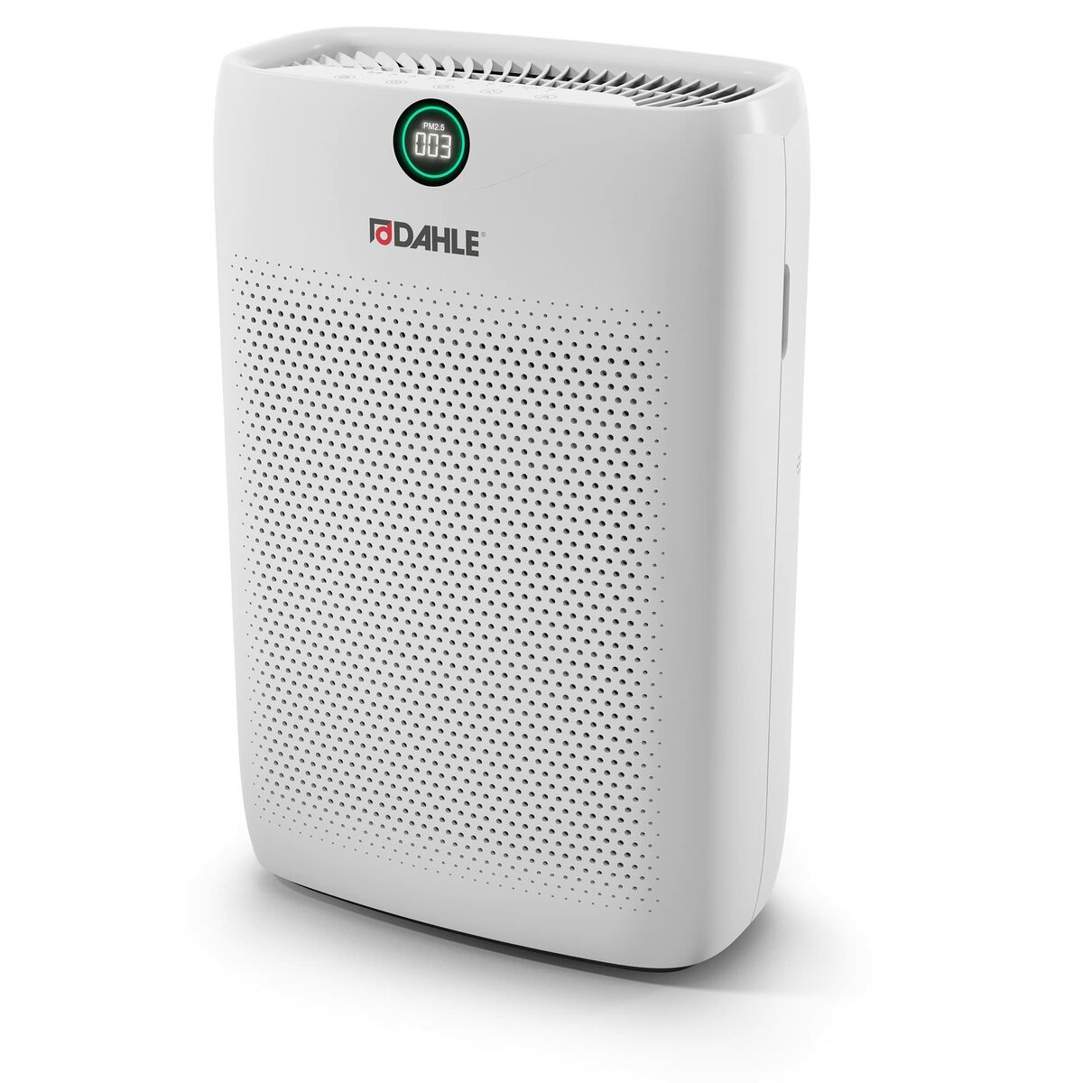 Purificatore d'aria bianco con display 003. Visibile il marchio 'DAHLE'. La parte anteriore ha molti piccoli fori.