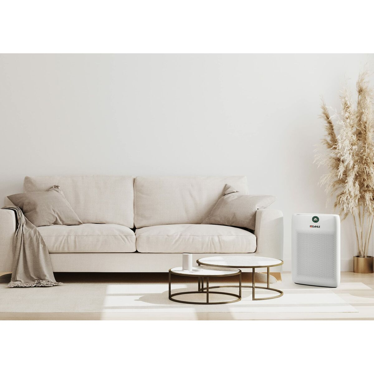 Scena di soggiorno con divano bianco, due tavolini rotondi, purificatore d'aria e pianta decorativa. Interni luminosi.