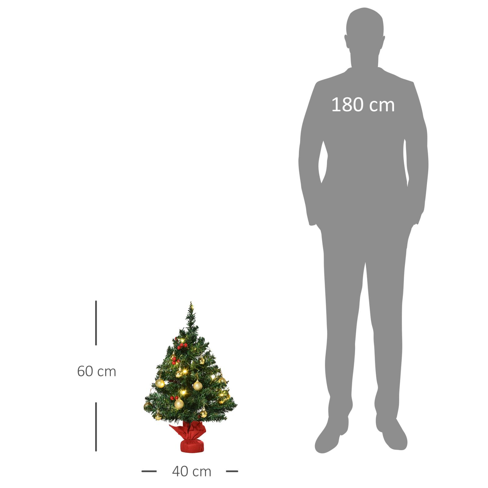 Ein geschmückter Weihnachtsbaum, 60 cm hoch, mit goldenen Ornamenten. Daneben eine 180 cm hohe Männersilhouette.