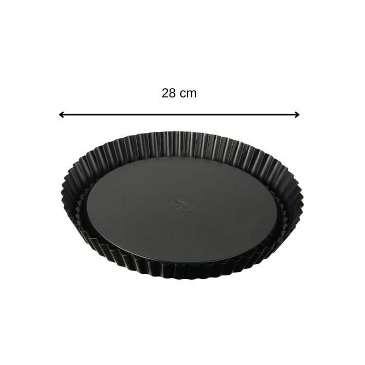 Eine schwarze, runde Tarteform mit gewelltem Rand. Über der Form ist ein Maß von 28 cm mit einem Pfeil angegeben.