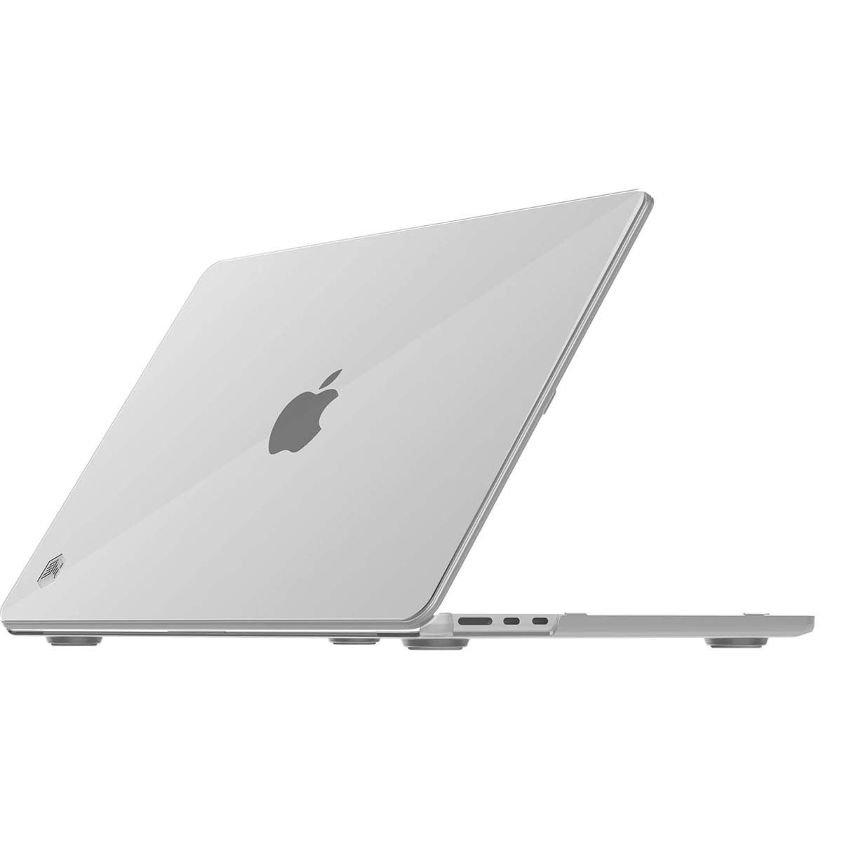 Ein weißer Laptop mit Apple-Logo auf weißer Oberfläche. Der Laptop ist leicht geöffnet und zeigt den Tastaturbereich.