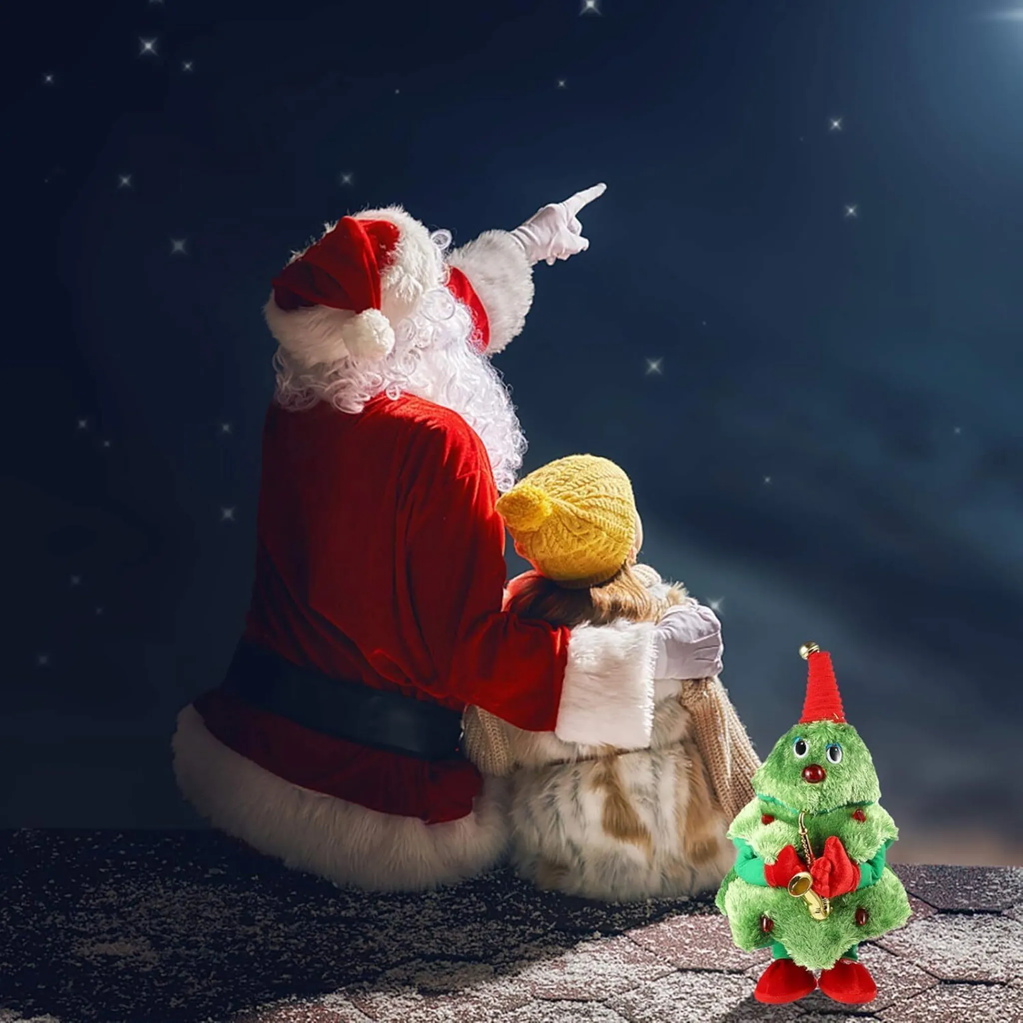Weihnachtsmann zeigt mit Kind auf Sterne. Christbaumspielzeug im Vordergrund. Nachthimmel mit Sternen.