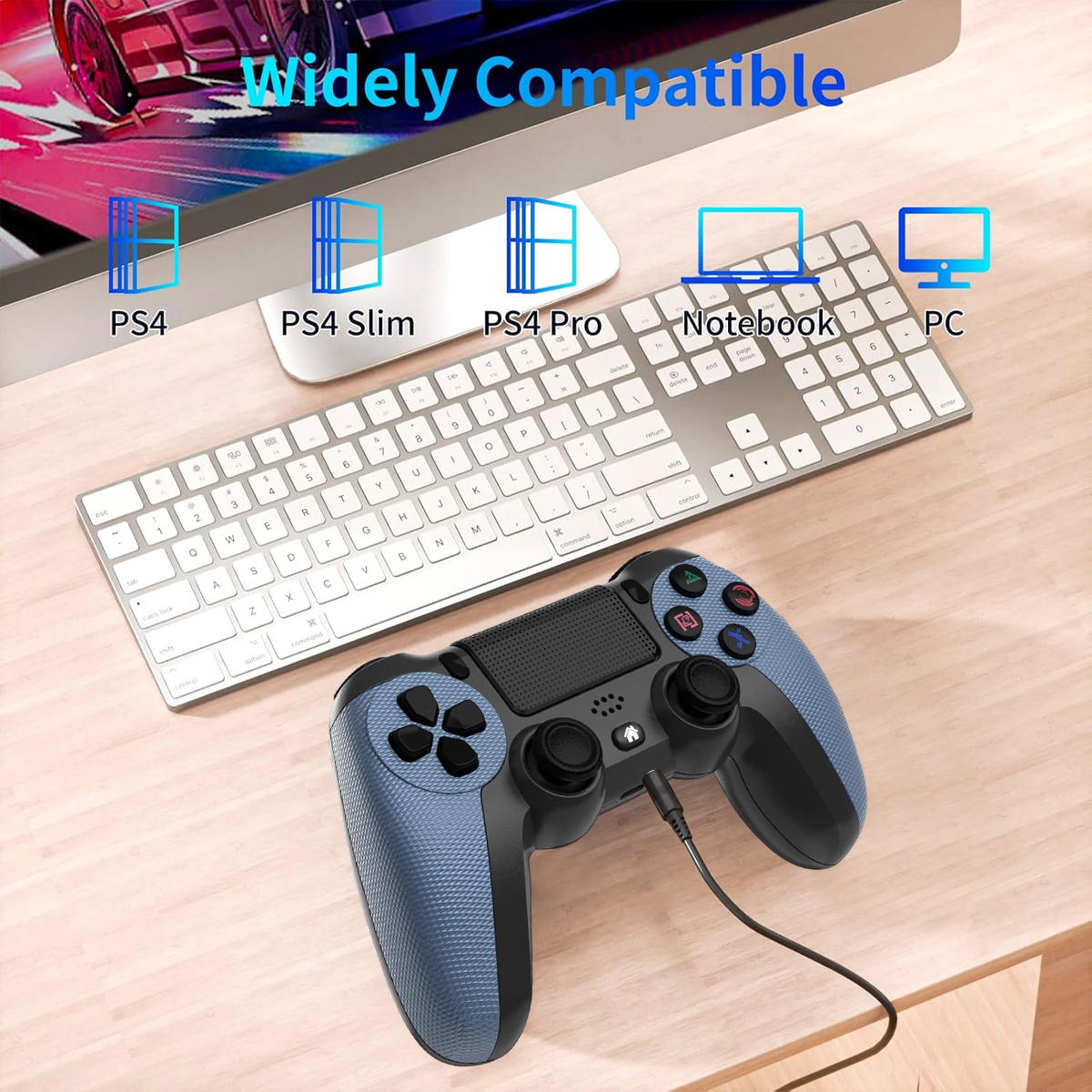 Ein blau-schwarzer Game-Controller ist mit einem Computer verbunden. Im Hintergrund befindet sich eine Tastatur und Kompatibilitäts-Symbole.