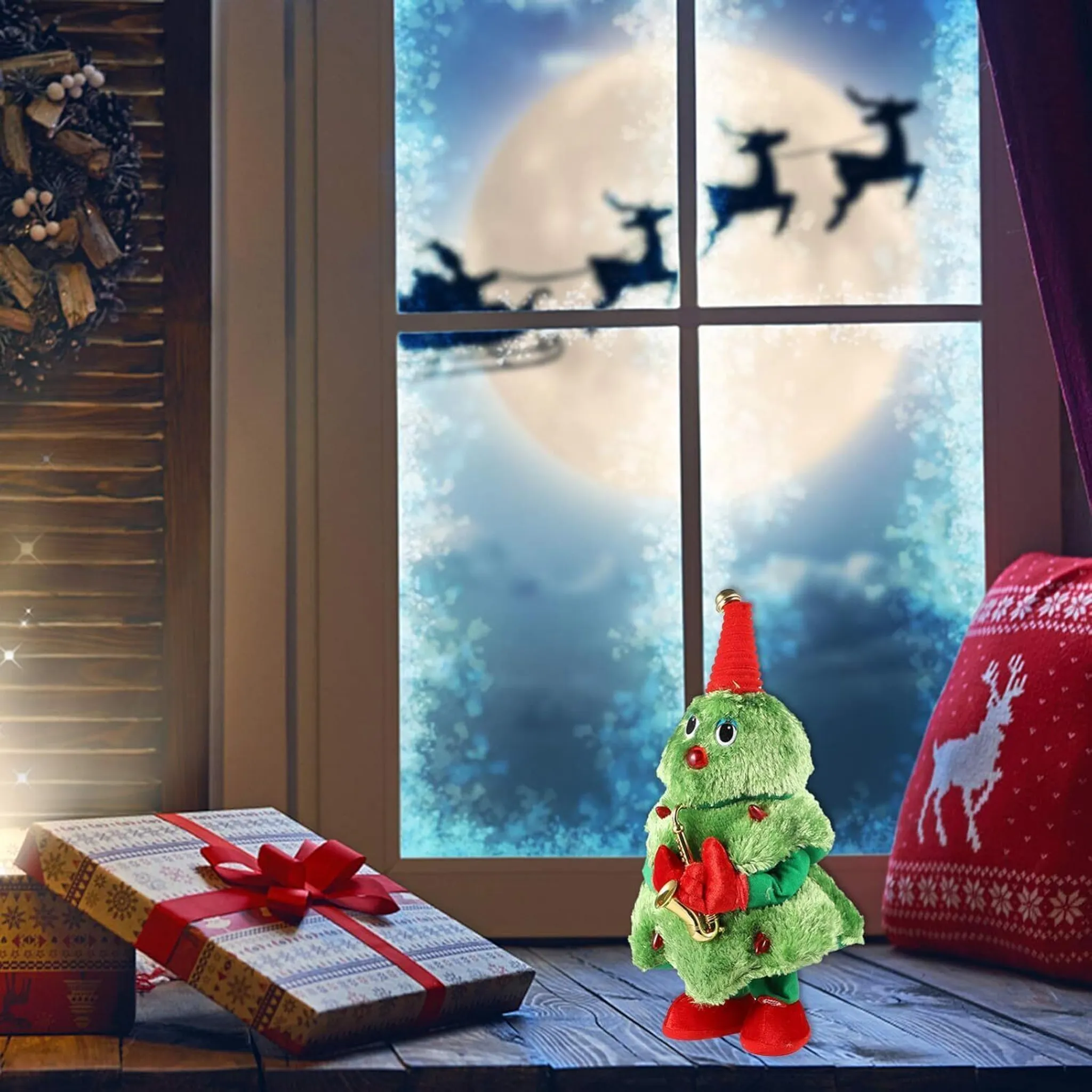 Weihnachtsszene mit Spielzeugbaum, Geschenkbox, Rentiersilhouetten und Mond im Hintergrund.